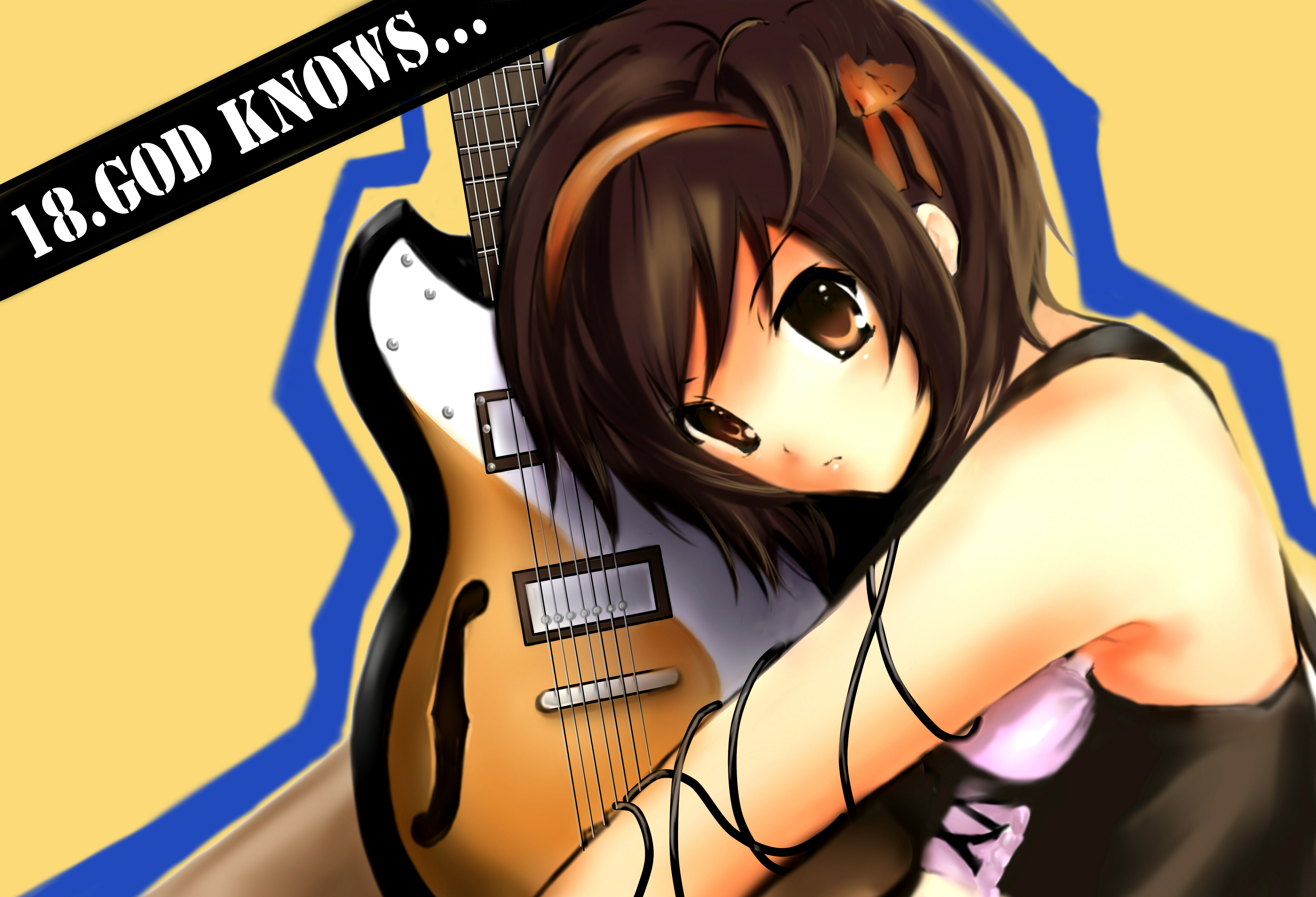 rajiwo, suzumiya haruhi, suzumiya haruhi no yuuutsu, absurdres, highres, 00s, brown eyes, brown hair, electric guitar, guitar, hair ornament, instrument, italia mondial, pantyhose, short hair, solo