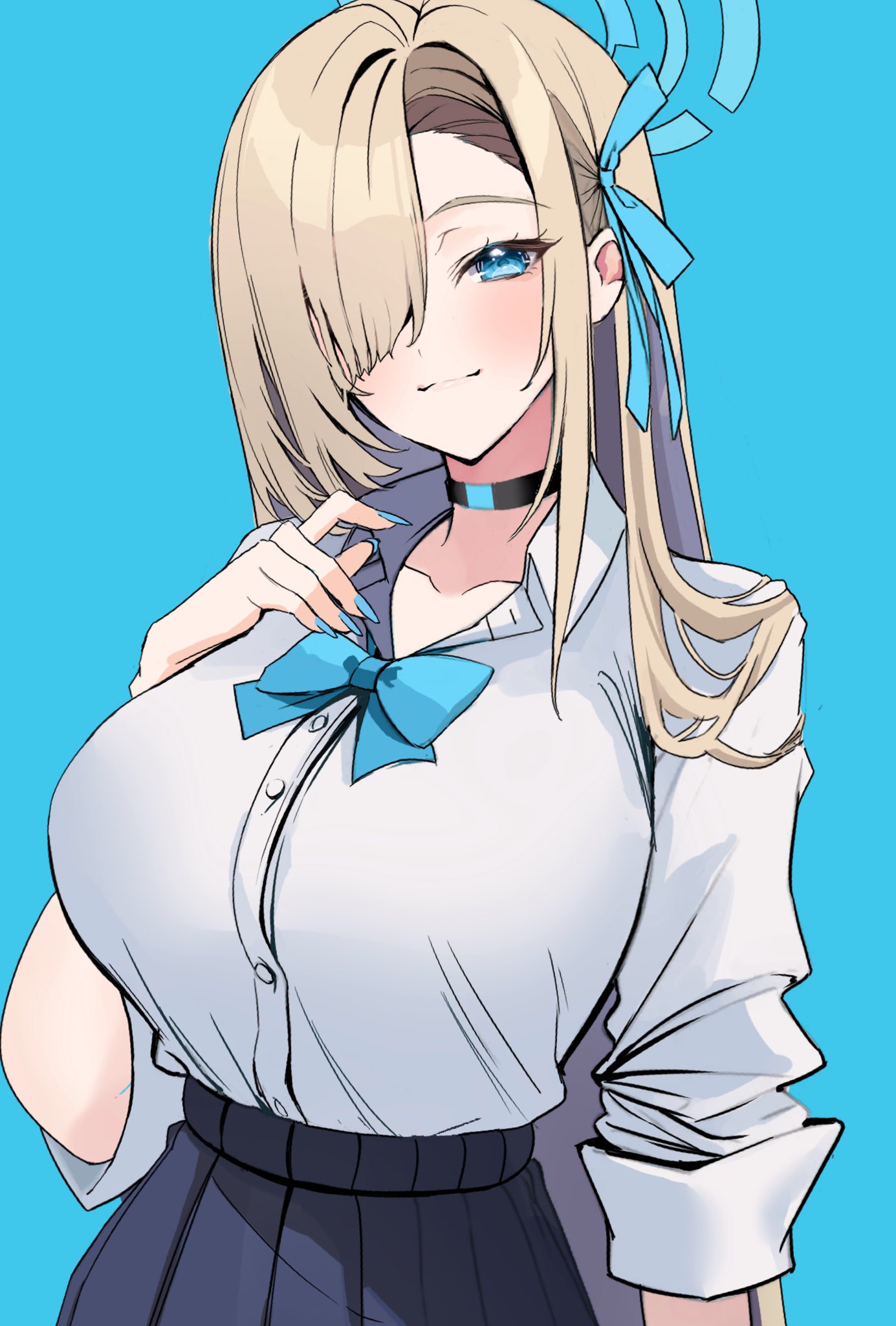nakano kura, asuna (blue archive), asuna (school uniform) (blue archive), blue archive, commentary, highres, 1girl, blonde hair, blue background, blue bow, blue bowtie, blue eyes, blue halo, blue ribbon, blue skirt, blush, bow, bowtie, breasts, choker, collarbone, collared shirt, hair over one eye, halo, hand on own chest, large breasts, long hair, looking at viewer, ribbon, shirt, skirt, sleeves rolled up, smile, solo, very long hair, white shirt
