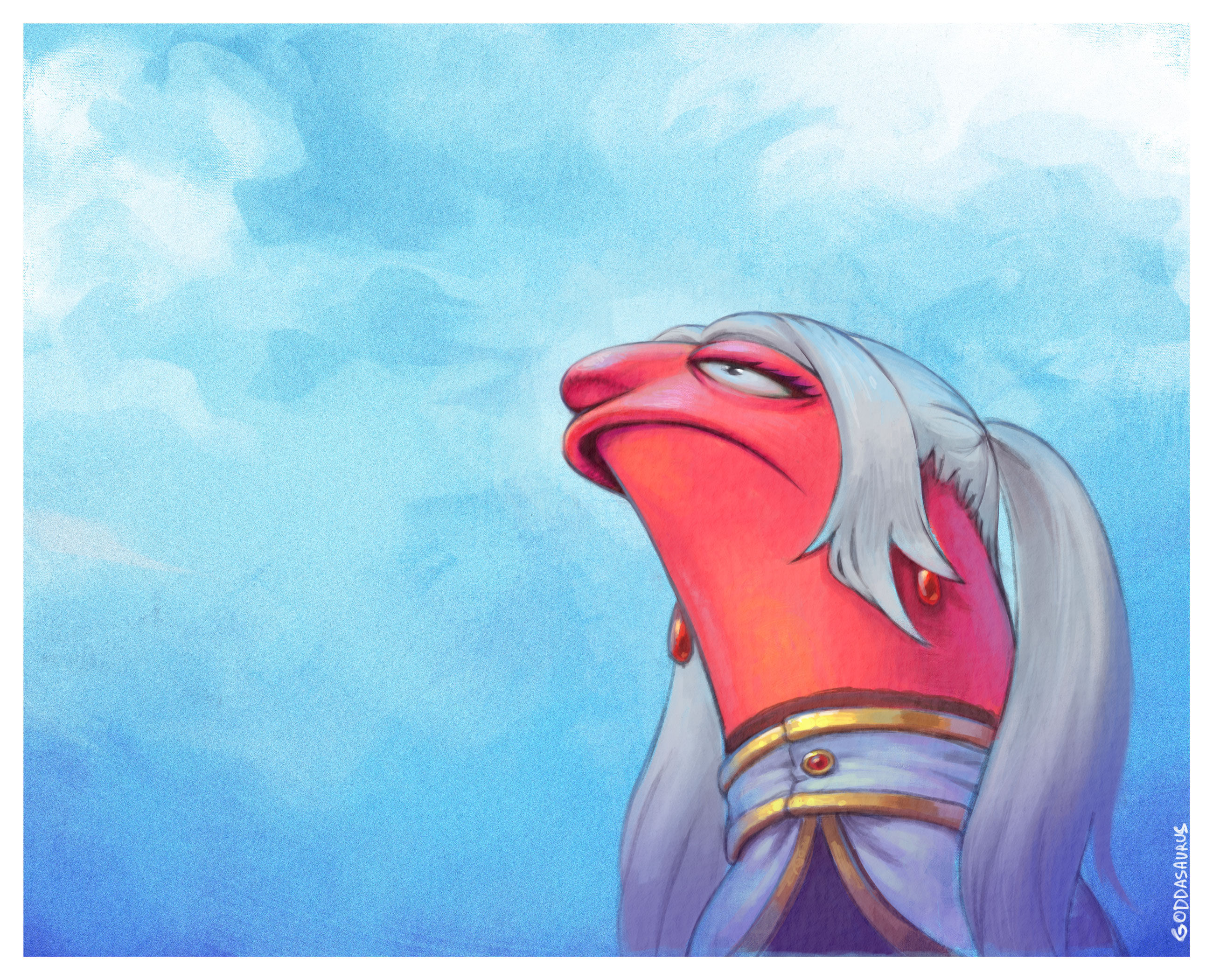 allan (smiling friends), frieren, smiling friends, sousou no frieren, commentary, english commentary, highres, 1boy, artist name, colored skin, cosplay, earrings, frieren (cosplay), goddasaurus, grey hair, jewelry, meme, red skin, sky, solo, twintails, upward angle frieren drawing (meme)