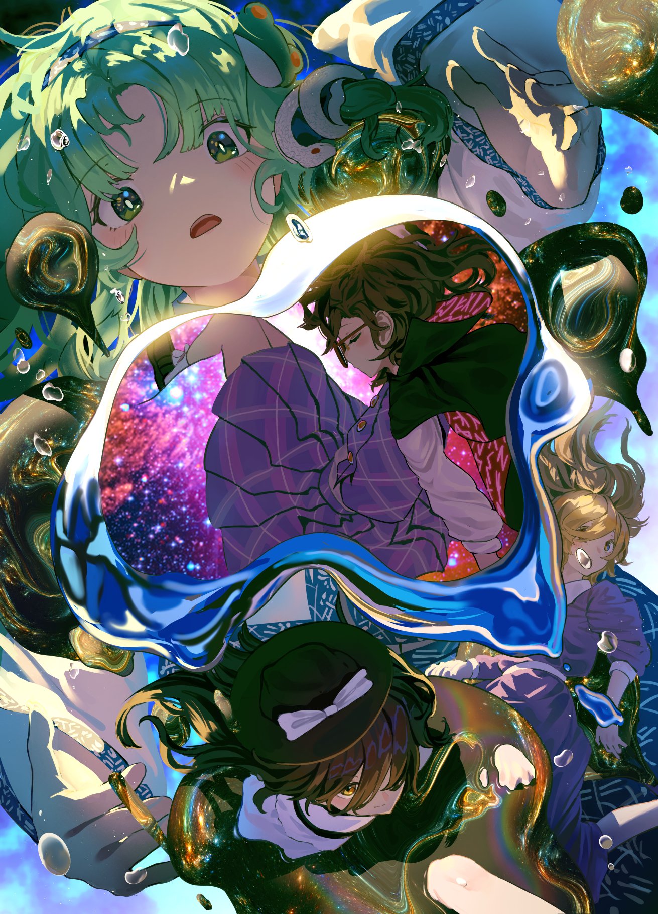 kajatony, kochiya sanae, maribel hearn, usami renko, usami sumireko, touhou, commentary request, highres, textless version, 4girls, black cape, black hat, black skirt, blonde hair, blue background, blue hairband, blush, bow, brown eyes, brown hair, bubble, cape, closed eyes, cover, cover page, dress, frog hair ornament, green eyes, green hair, hair ornament, hairband, hat, hat bow, long hair, long sleeves, multiple girls, novel cover, open mouth, plaid clothes, plaid skirt, plaid vest, pleated skirt, profile, purple dress, purple skirt, purple vest, red-framed eyewear, red cape, runes, shirt, single sidelock, skirt, snake hair ornament, surprised, two-sided cape, two-sided fabric, vest, white bow, white shirt