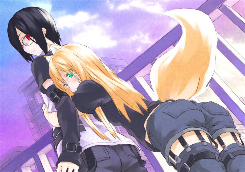 reki (tiny fin), 1boy, 1girl, animal ears, black hair, blonde hair, blush, denim, denim shorts, detached sleeves, fox ears, fox tail, glasses, green eyes, hetero, hug, long hair, looking at viewer, looking back, midriff, red eyes, shorts, strap, tail, thigh strap, thighhighs