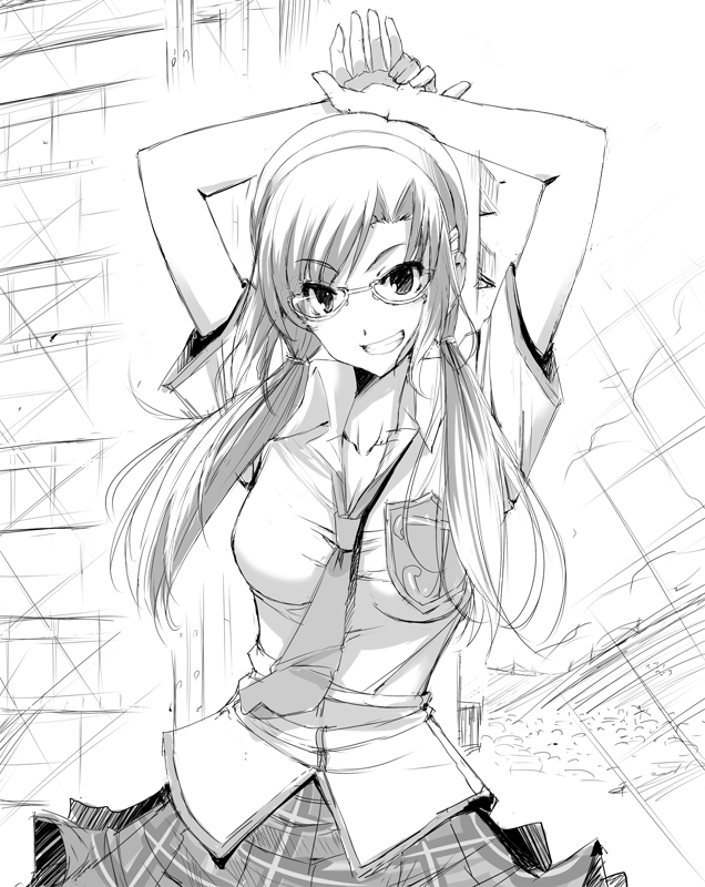 matsuzaki yutaka, makinami mari illustrious, evangelion: 2.0 you can (not) advance, neon genesis evangelion, rebuild of evangelion, 00s, 1girl, arms up, braid, breasts, female focus, glasses, greyscale, grin, hairband, monochrome, necktie, plaid clothes, plaid skirt, school uniform, skirt, smile, solo, twin braids