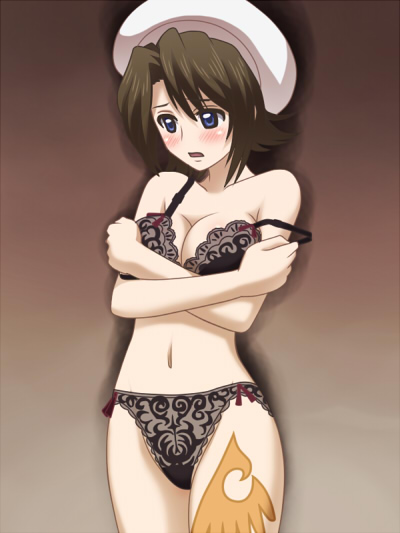 awa, shannon (umineko), umineko no naku koro ni, breast hold, 00s, 1girl, black bra, black panties, blue eyes, blush, bra, breasts, brown hair, cleavage, female focus, gradient background, hat, lingerie, panties, solo, tattoo, underwear, underwear only