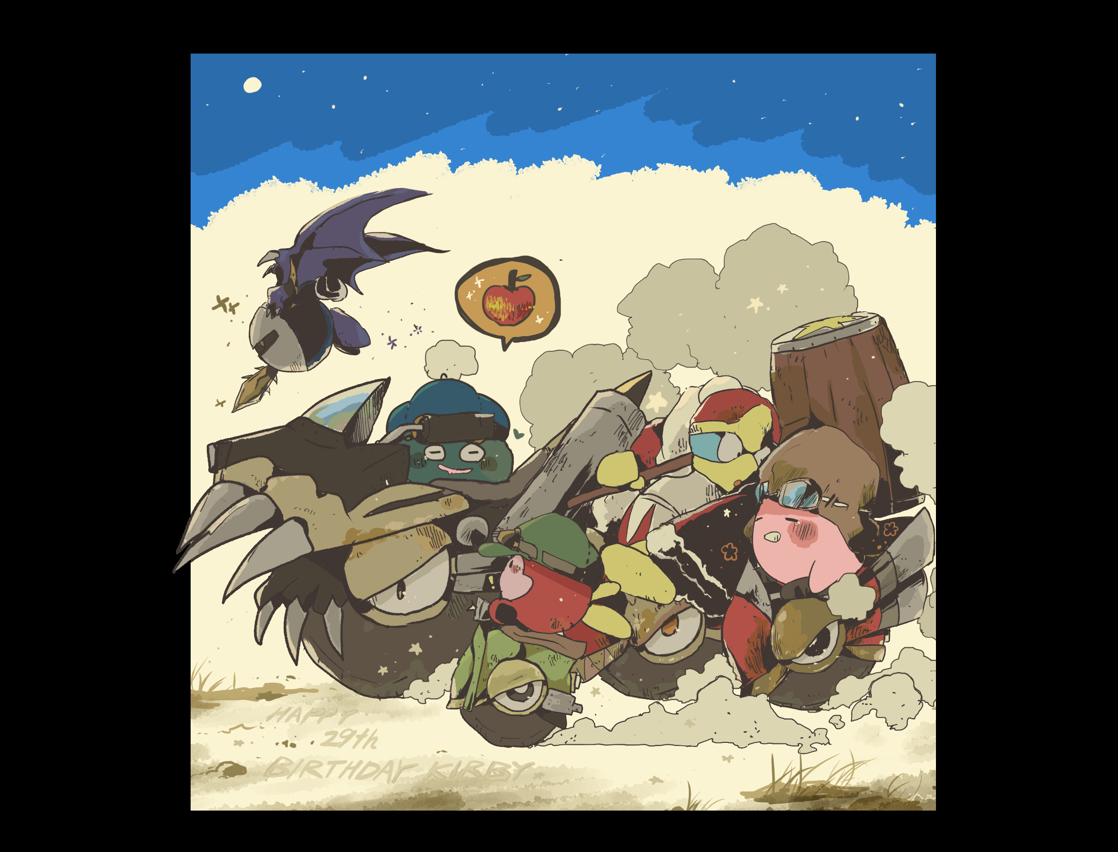 hosipoke, gooey (kirby), king dedede, kirby, meta knight, waddle dee, wheelie (kirby), kirby (series), kirby air ride, nintendo, highres, anniversary, bat wings, blush stickers, galaxia (sword), green hat, happy birthday, hat, holding, holding sword, holding weapon, night, night sky, pom pom (clothes), rex wheelie, sky, star (sky), star (symbol), sword, weapon, wheelie scooter, wings