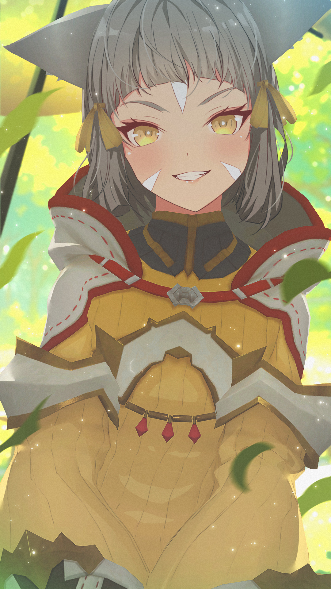 sculp2, nia (xenoblade), xenoblade chronicles (series), xenoblade chronicles 2, highres, photoshop (medium), 1girl, animal ears, arched bangs, blunt bangs, blush, bodysuit, cat ears, facial mark, garry's mod (medium), grey hair, jumpsuit, looking at viewer, short hair, smile, solo, yellow bodysuit, yellow eyes, yellow jumpsuit