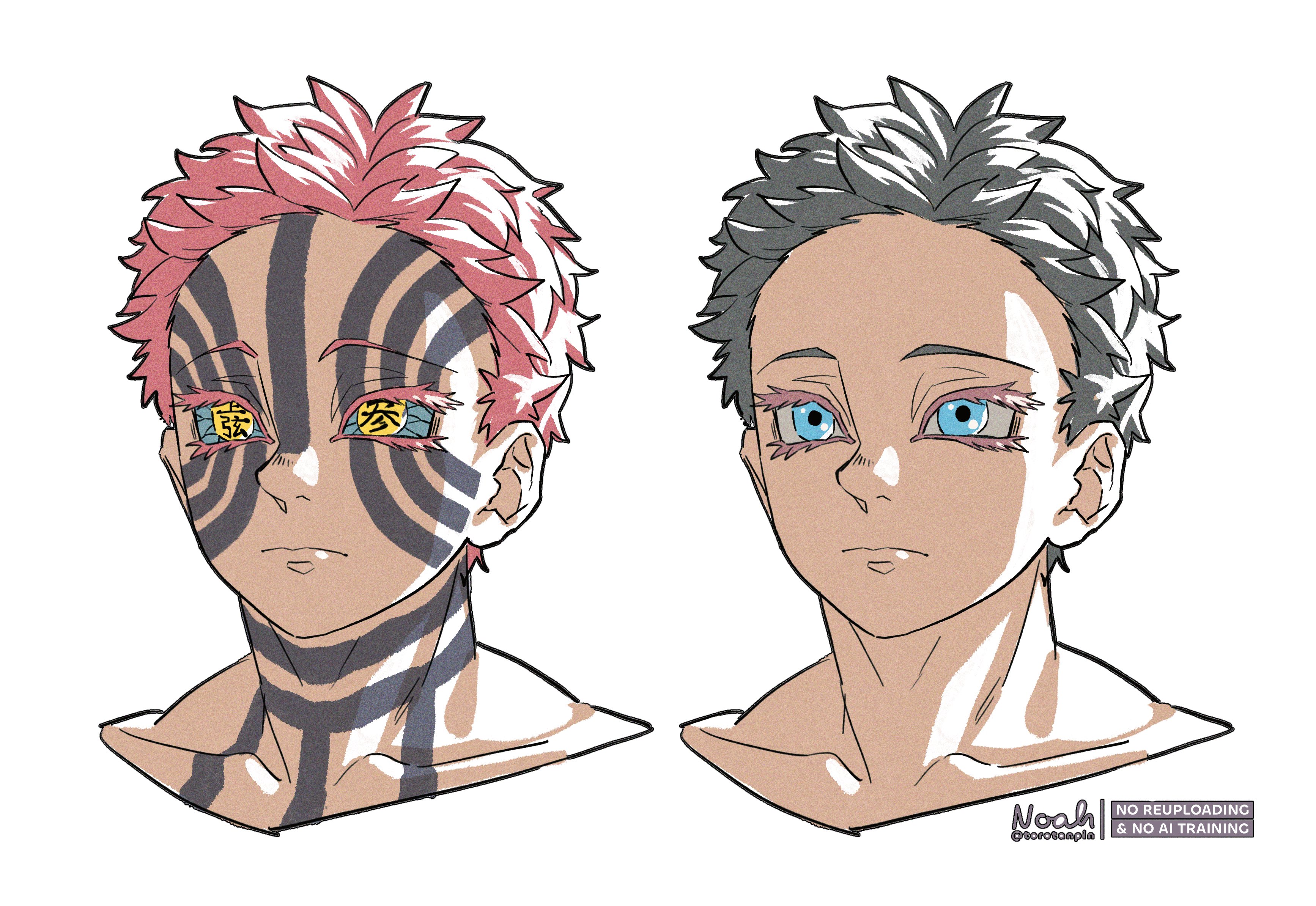 noah (rokoroko), akaza (kimetsu no yaiba), hakuji (kimetsu no yaiba), kimetsu no yaiba, absurdres, highres, 2boys, artist name, blue eyes, blue sclera, closed mouth, collarbone, colored sclera, cropped shoulders, dual persona, english text, facial tattoo, male focus, multiple boys, neck tattoo, simple background, spiked hair, tattoo, twitter username, white background, yellow eyes