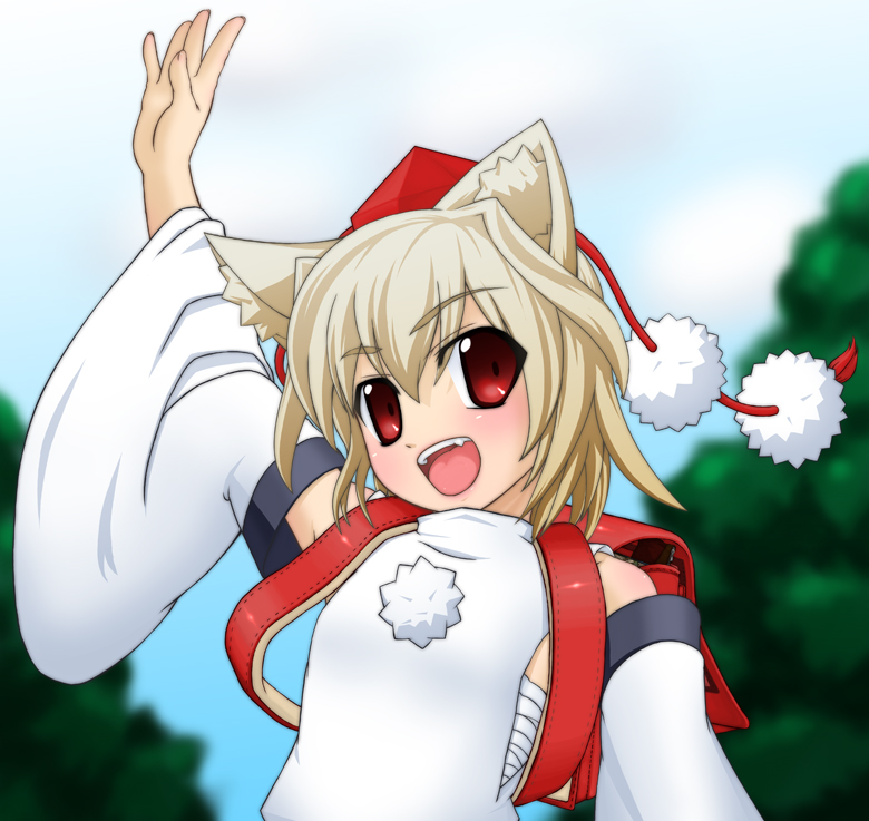 midukaze, mizukaze, inubashiri momiji, touhou, bad id, bad pixiv id, 1girl, animal ears, backpack, bag, detached sleeves, female focus, hat, randoseru, red eyes, sarashi, solo, tokin hat, white hair, wolf ears