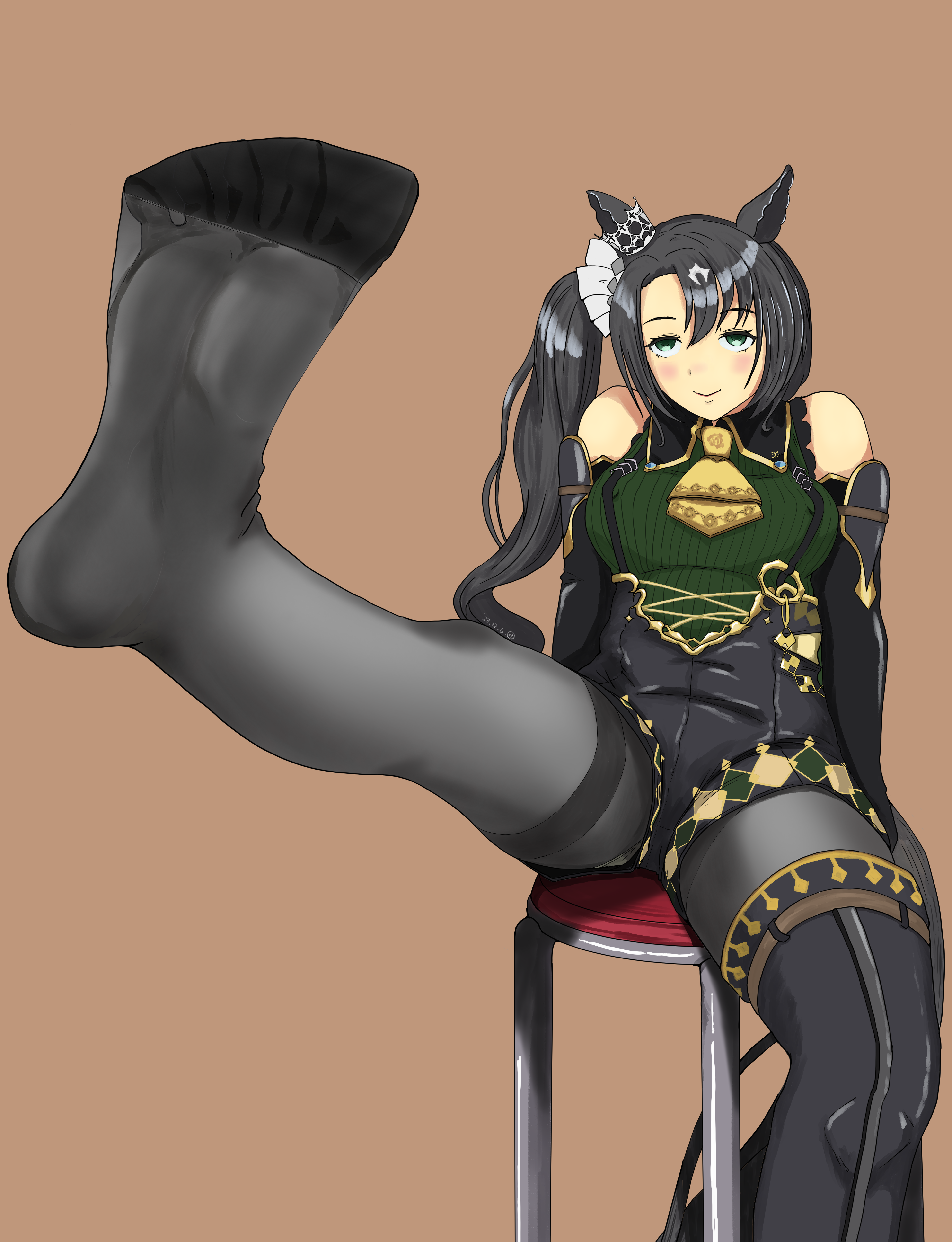 user znrc5425, satono crown (emerald journey) (umamusume), satono crown (umamusume), umamusume, absurdres, check copyright, copyright request, highres, 1girl, black gloves, black hair, black pantyhose, black tail, blush, boots, chair, feet, gloves, green eyes, horse girl, light smile, looking at viewer, outstretched foot, outstretched leg, pantyhose, presenting foot, see-through clothes, see-through legwear, see-through pantyhose, shoes, single shoe, sitting, soles, solo, thigh boots, toes