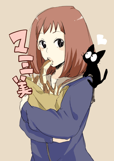 nandaba, sinnyan, takkun, samejima mamimi, takkun (flcl), flcl, 00s, 1girl, bag, black eyes, bread, brown hair, cat, female focus, food, heart, hood, hoodie, lips, mouth hold, short hair, solo