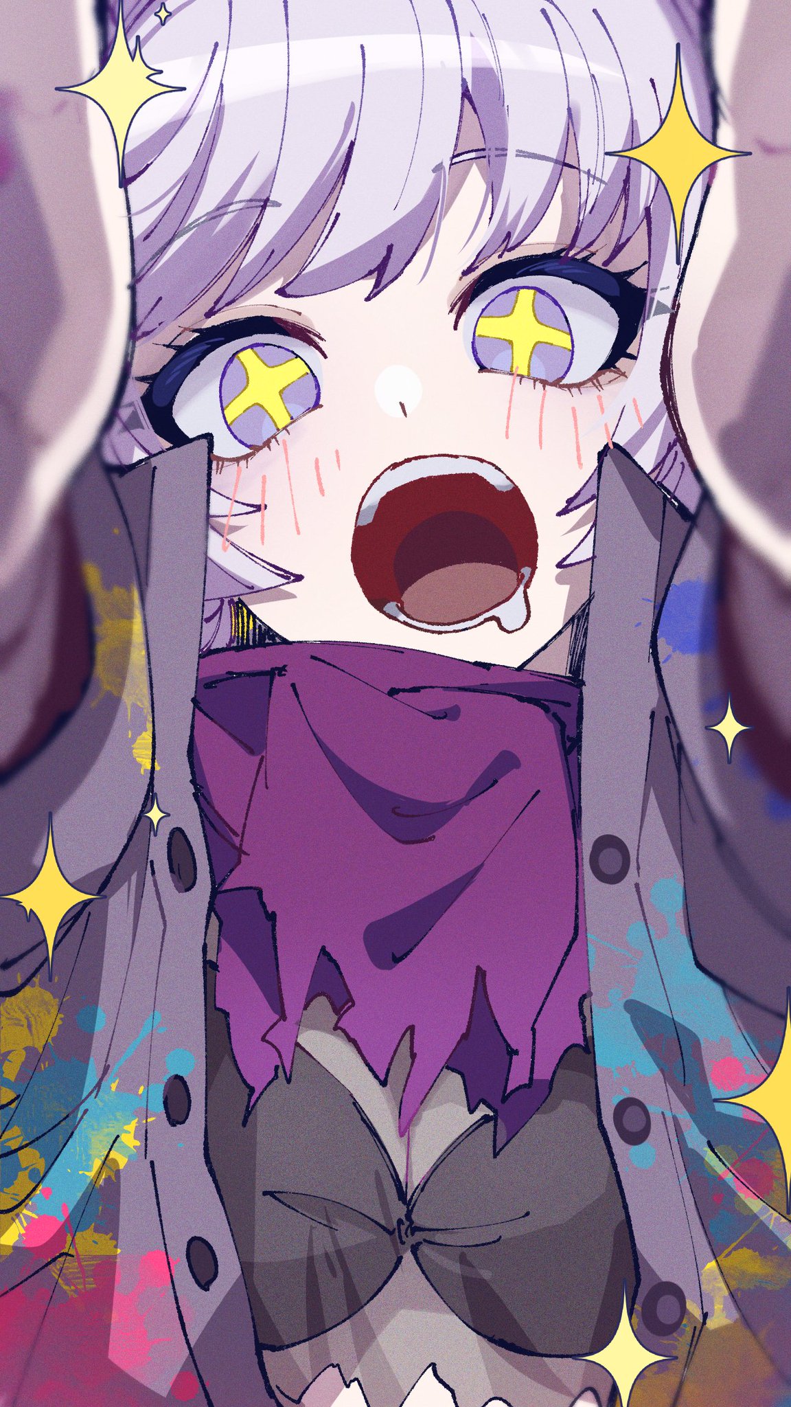 nekoma hikaru, yukigaya enoki, tribe nine, commentary request, highres, + +, 1girl, black bra, blush, bra, cross-shaped pupils, drooling, eyelashes, grey hair, grey jacket, jacket, long hair, looking at viewer, mouth drool, open clothes, open jacket, open mouth, outstretched arms, purple scarf, scarf, solo, symbol-shaped pupils, underwear