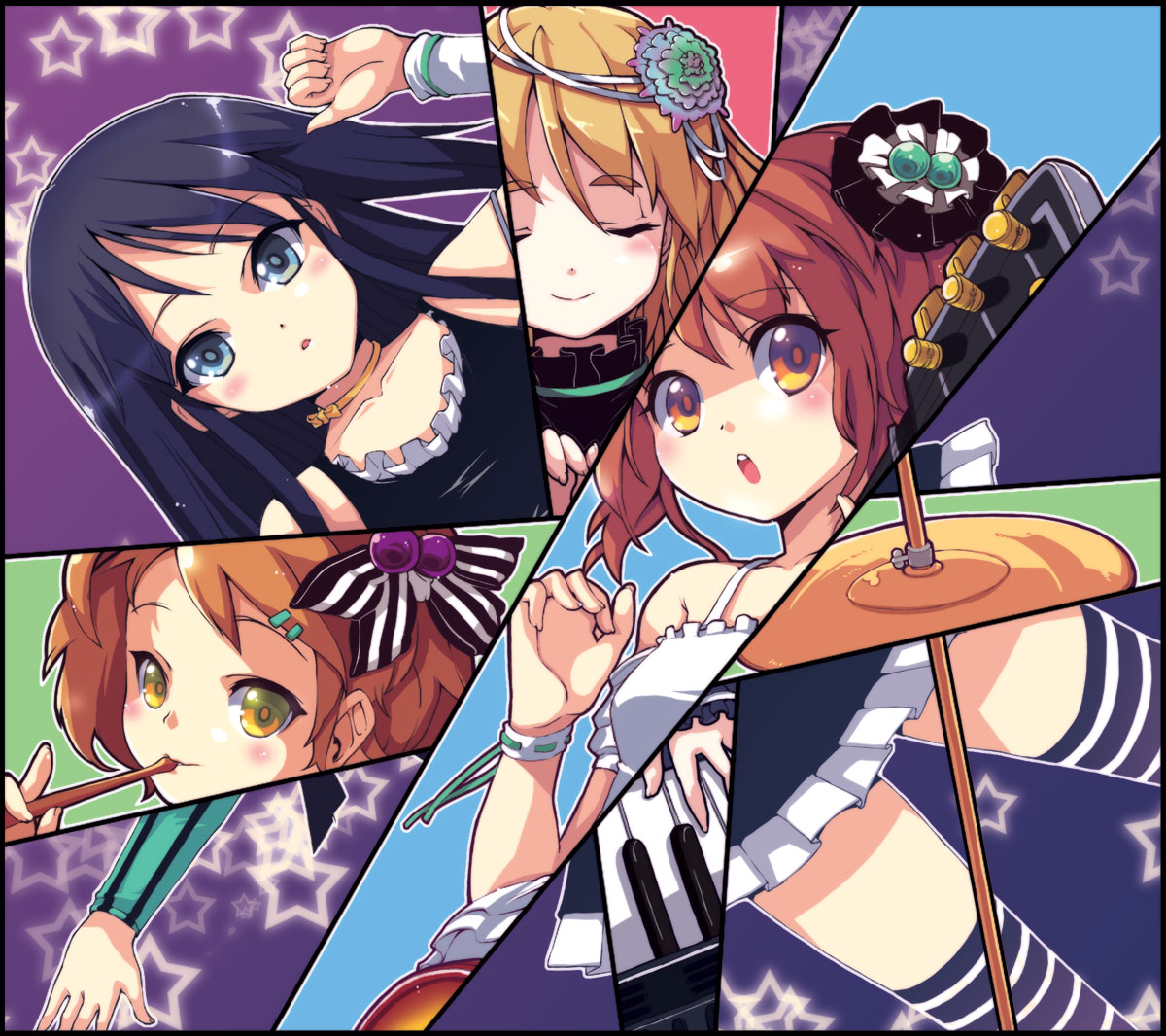 christinya, akiyama mio, hirasawa yui, kotobuki tsumugi, tainaka ritsu, don't say "lazy", k-on!, striped legwear, 00s, 4girls, black hair, blue eyes, brown eyes, brown hair, closed eyes, cymbals, dress, drumsticks, frills, ho-kago tea time, instrument, long hair, multiple girls, short hair, striped clothes, striped thighhighs, thighhighs