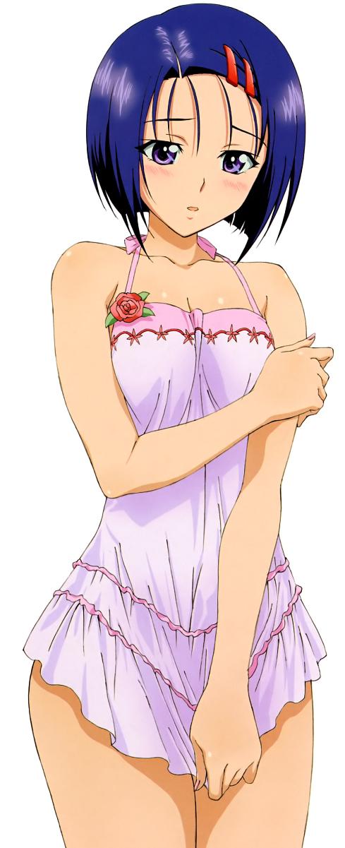 sairenji haruna, to love-ru, highres, long image, tall image, 00s, 1girl, blush, covering privates, female focus, flower, hair ornament, hairclip, lingerie, negligee, one-piece swimsuit, purple eyes, purple hair, shirt tug, short hair, simple background, solo, swimsuit, underwear