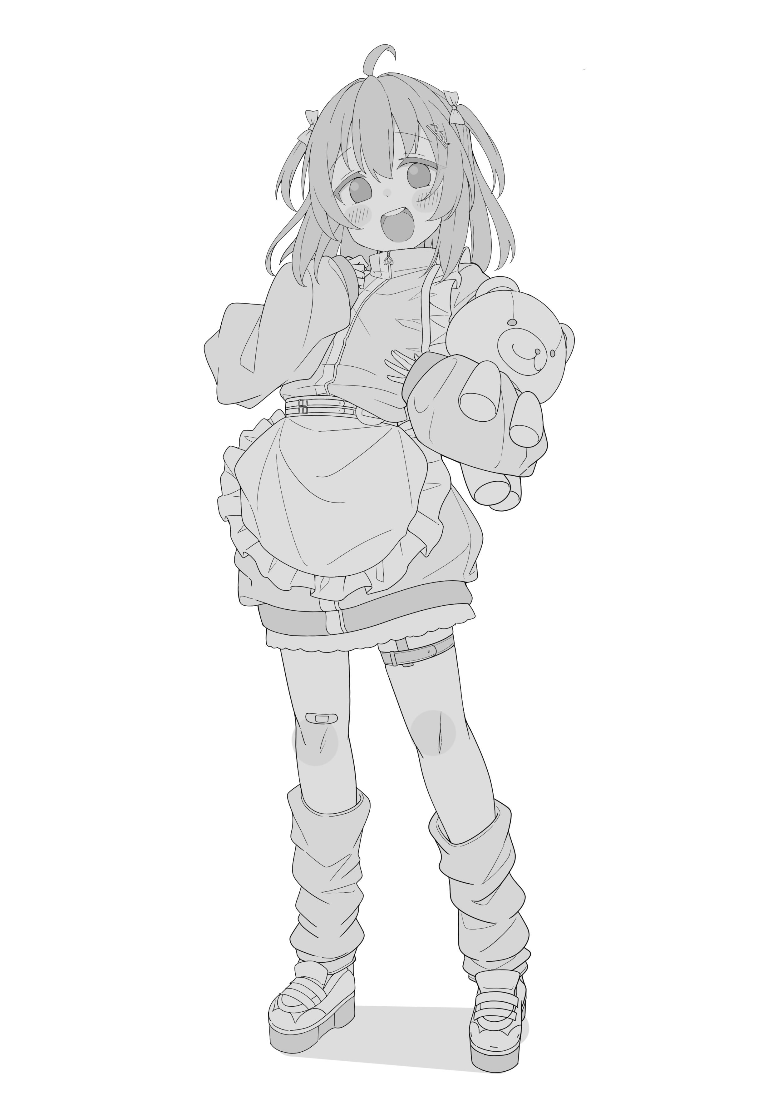 okota mikan, natsuiro matsuri, natsuiro matsuri (jersey maid), hololive, absurdres, commentary request, highres, 1girl, :d, ahoge, apron, bandaid, bandaid on leg, blush, bow, frilled apron, frills, greyscale, hair between eyes, hair bow, hugging object, jacket, jersey maid, looking at viewer, loose socks, maid, monochrome, open mouth, shadow, shoes, simple background, smile, socks, solo, stuffed animal, stuffed toy, teddy bear, teeth, track jacket, two side up, unconventional maid, upper teeth only, virtual youtuber, white background