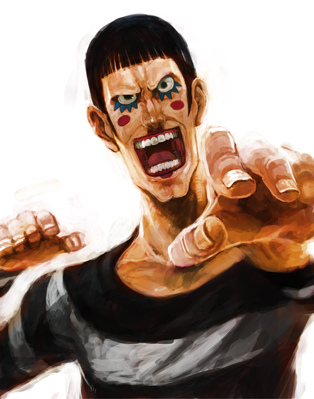 lack, bon clay, one piece, 1boy, black eyes, black hair, fighting stance, fingernails, impel down, makeup, male focus, nail (hardware), open mouth, painterly, pirate, prison clothes, short hair, solo, teeth