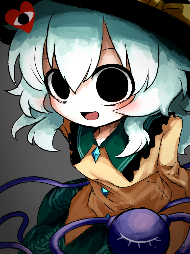 heripantomorrow, komeiji koishi, touhou, commentary request, 1girl, :d, arms behind back, black eyes, black hat, bow, buttons, collared shirt, diamond button, floral print, frilled shirt collar, frills, green hair, green skirt, grey background, hat, hat bow, heart, long hair, looking at viewer, open mouth, rose print, shirt, skirt, smile, solo, third eye, wide-eyed, yellow bow, yellow shirt