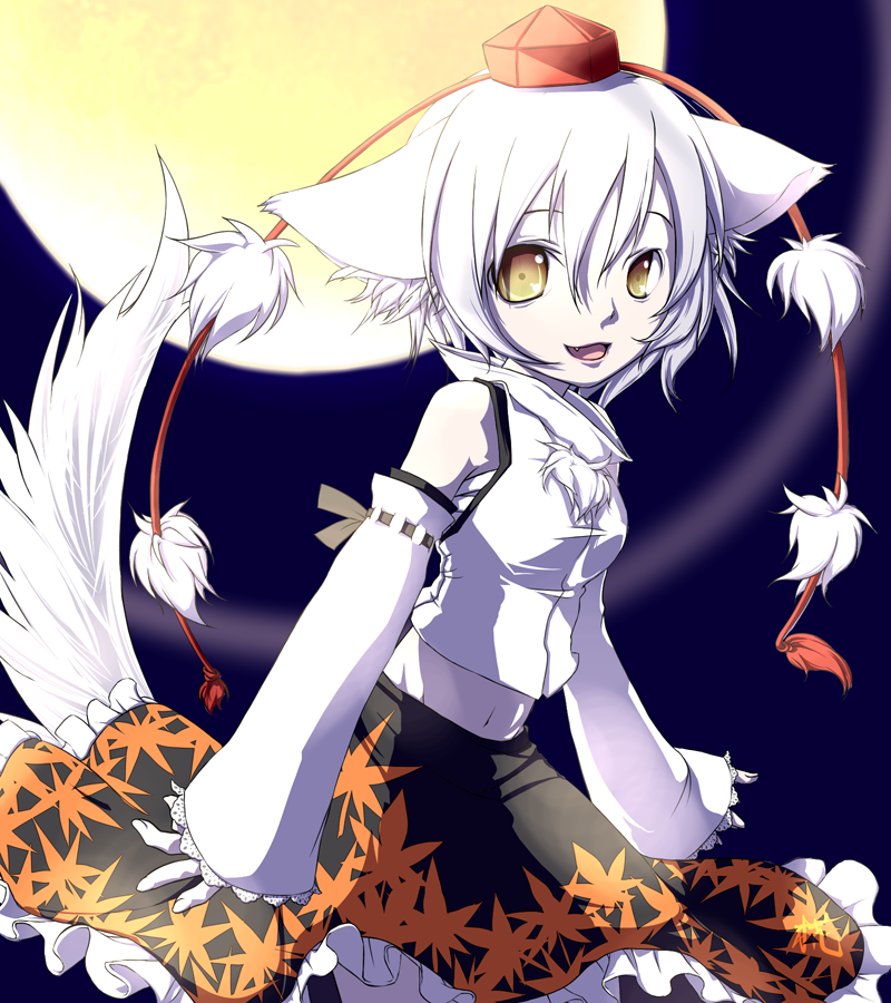 mizusaki (tengoku), tengoku, inubashiri momiji, touhou, silver hair, bad id, bad pixiv id, 1girl, animal ears, bare shoulders, detached sleeves, female focus, hat, leaf, midriff, moon, sarashi, short hair, solo, tail, tokin hat, wolf ears, wolf tail, yellow eyes