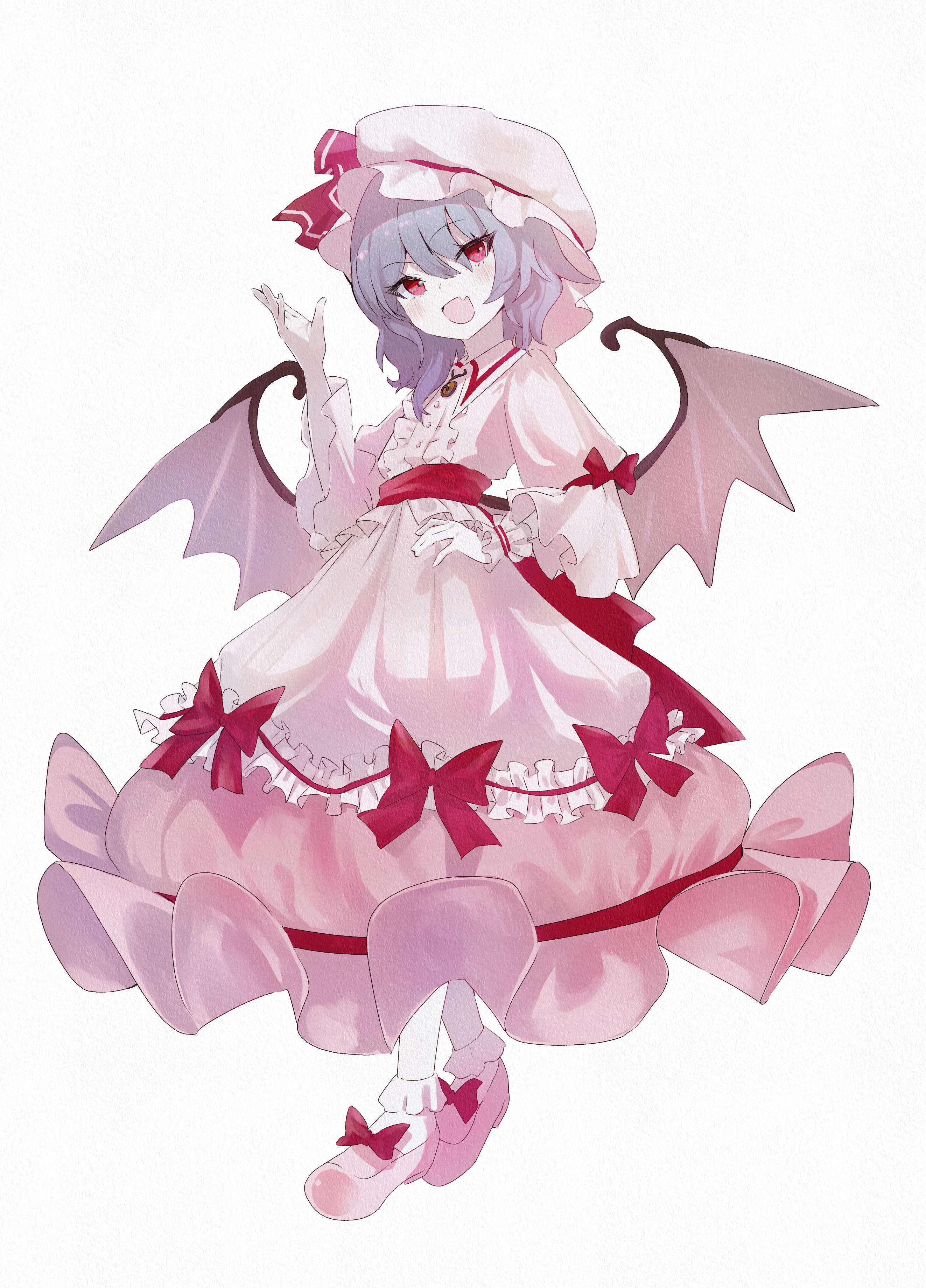 ktgrtos, remilia scarlet, touhou, absurdres, highres, variant set, 1girl, bat wings, blush, bobby socks, bow, brooch, collared shirt, fang, frilled hat, frilled skirt, frills, gem, hat, jewelry, mob cap, open mouth, pink shirt, purple hair, red bow, red eyes, red gemstone, red ribbon, ribbon, shirt, short hair, simple background, skin fang, skirt, smile, socks, solo, waist ribbon, white background, white hat, white socks, wings