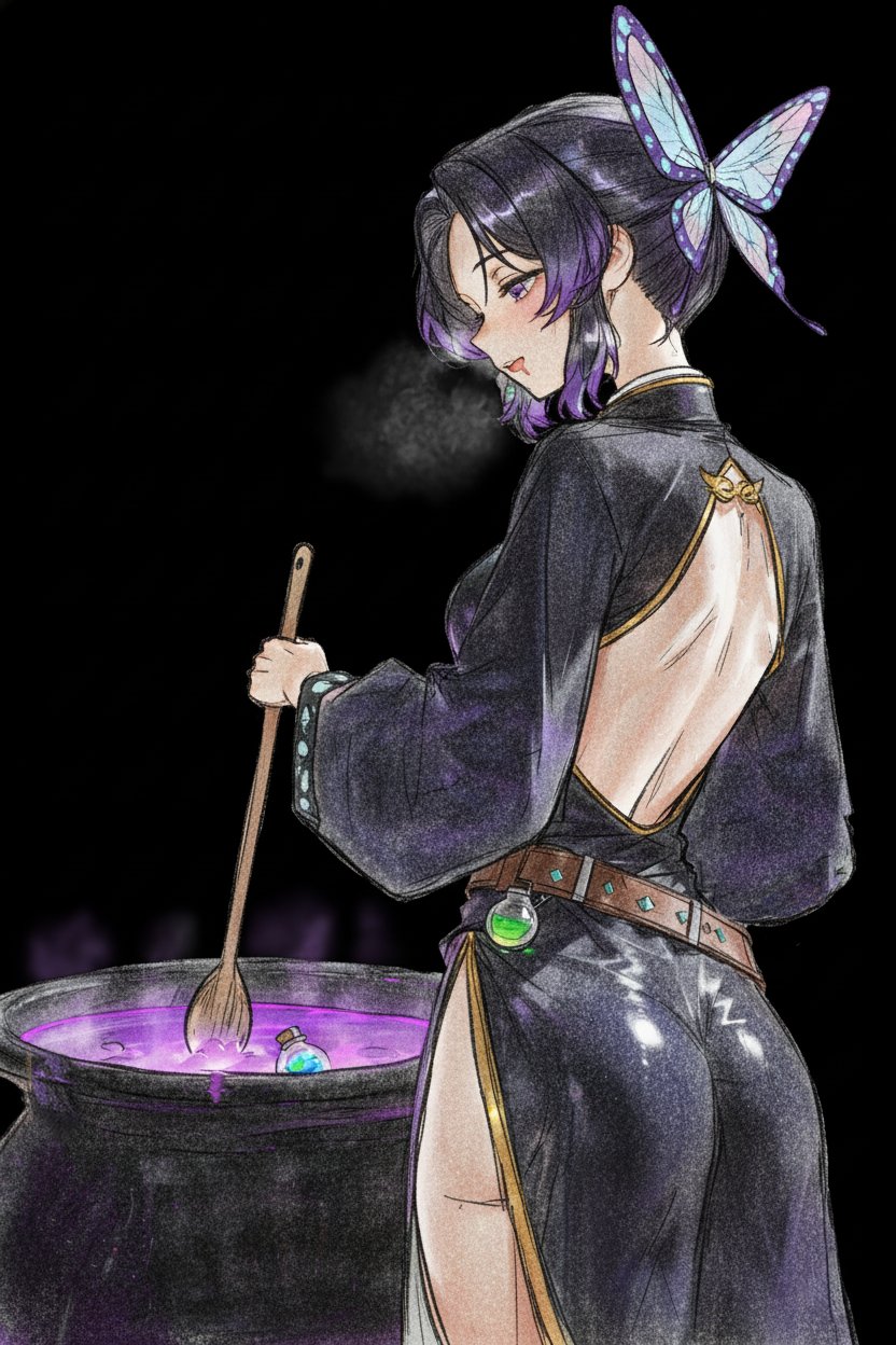 ai-chan (animelovely930), kochou shinobu, kimetsu no yaiba, highres, 1girl, ass, back cutout, belt, black dress, black hair, bottle, breasts, butterfly hair ornament, clothing cutout, dress, drooling, hair ornament, large breasts, long sleeves, multicolored hair, purple hair, smile, solo, two-tone hair