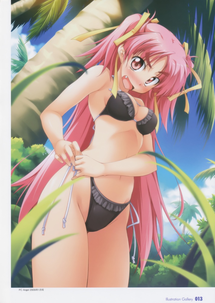 takeya masami, kurumizawa suzuki, te to te try on, scan, 1girl, adjusting clothes, adjusting swimsuit, bikini, black bikini, blush, day, fang, female focus, frilled bikini, frills, long hair, palm tree, panties, pink eyes, pink hair, side-tie bikini bottom, side-tie panties, solo, swimsuit, tree, tying, underwear
