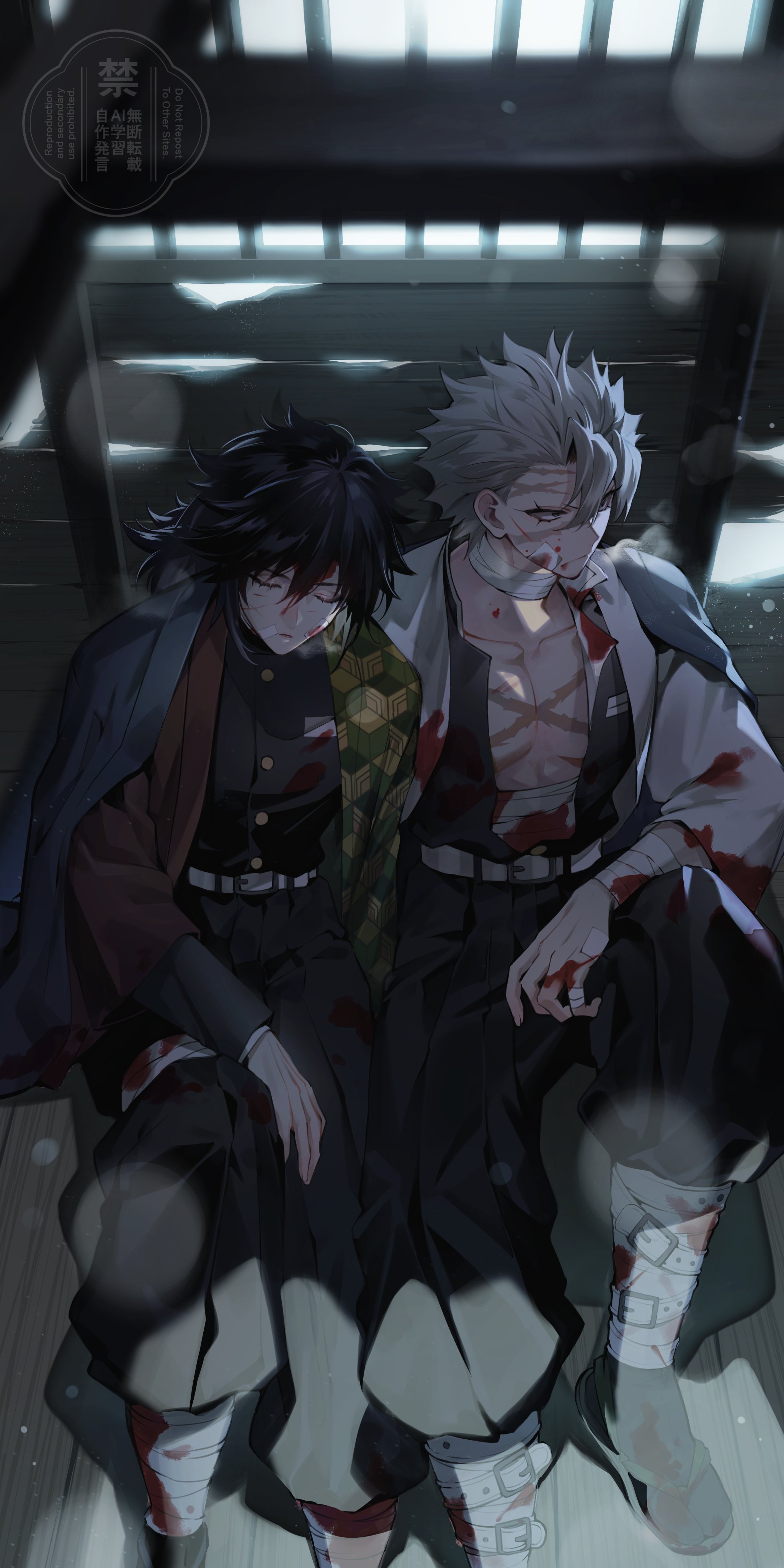 shinazugawa sanemi, tomioka giyuu, kimetsu no yaiba, absurdres, highres, 2boys, belt, black hair, black jacket, black pants, black socks, blood, blood on clothes, blood on face, buttons, closed eyes, demon slayer uniform, gold buttons, grey hair, haori, high collar, jacket, japanese clothes, kikkoumon, ku metsu 3cm, long hair, low ponytail, male focus, multiple boys, pants, ponytail, print haori, purple eyes, red haori, sandals, sitting, socks, spiked hair, watermark, white belt