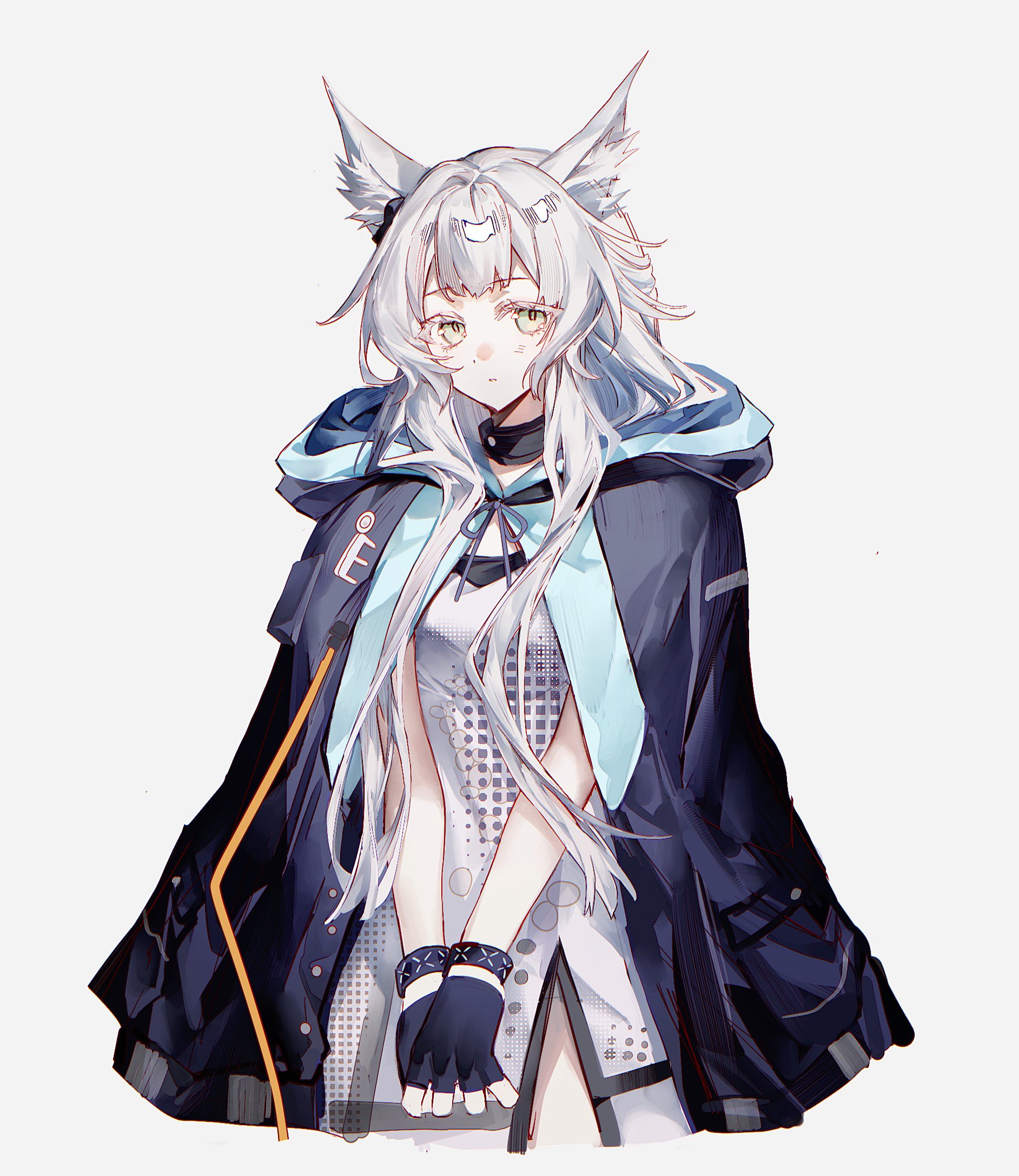 bochishiraita, infection monitor (arknights), rosmontis (arknights), arknights, highres, 1girl, animal ears, cat ears, cat girl, dress, fingerless gloves, gloves, green eyes, long hair, simple background, solo, white background, white dress