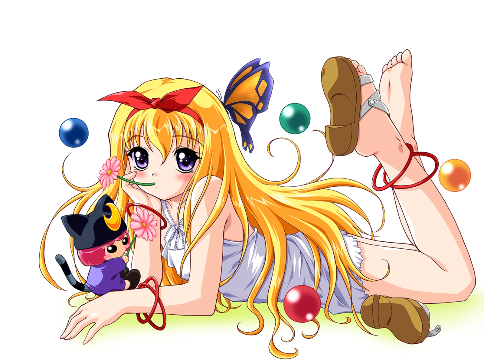 nonohara miki, mana (fifth), fifth, highres, 1girl, anklet, barefoot, blonde hair, blush, bracelet, bug, butterfly, dress, feet, female focus, flat chest, flower, hairband, insect, jewelry, legs, legs up, lying, mouth hold, on stomach, purple eyes, sandals, shoes, single shoe, soles, solo, toes