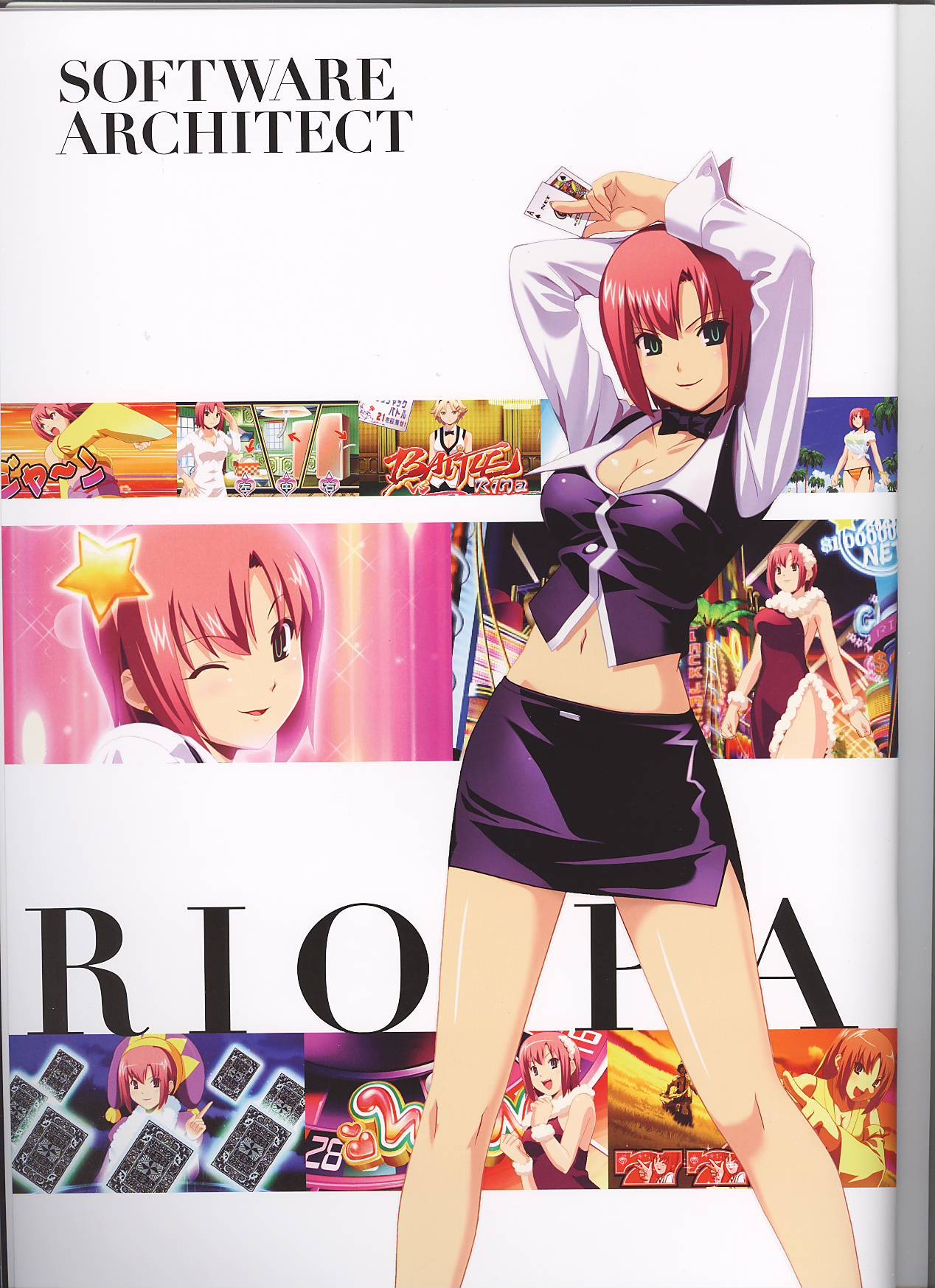 rio rollins, super blackjack, highres, 1girl, card, croupier, floating card, green eyes, holding, holding card, red hair