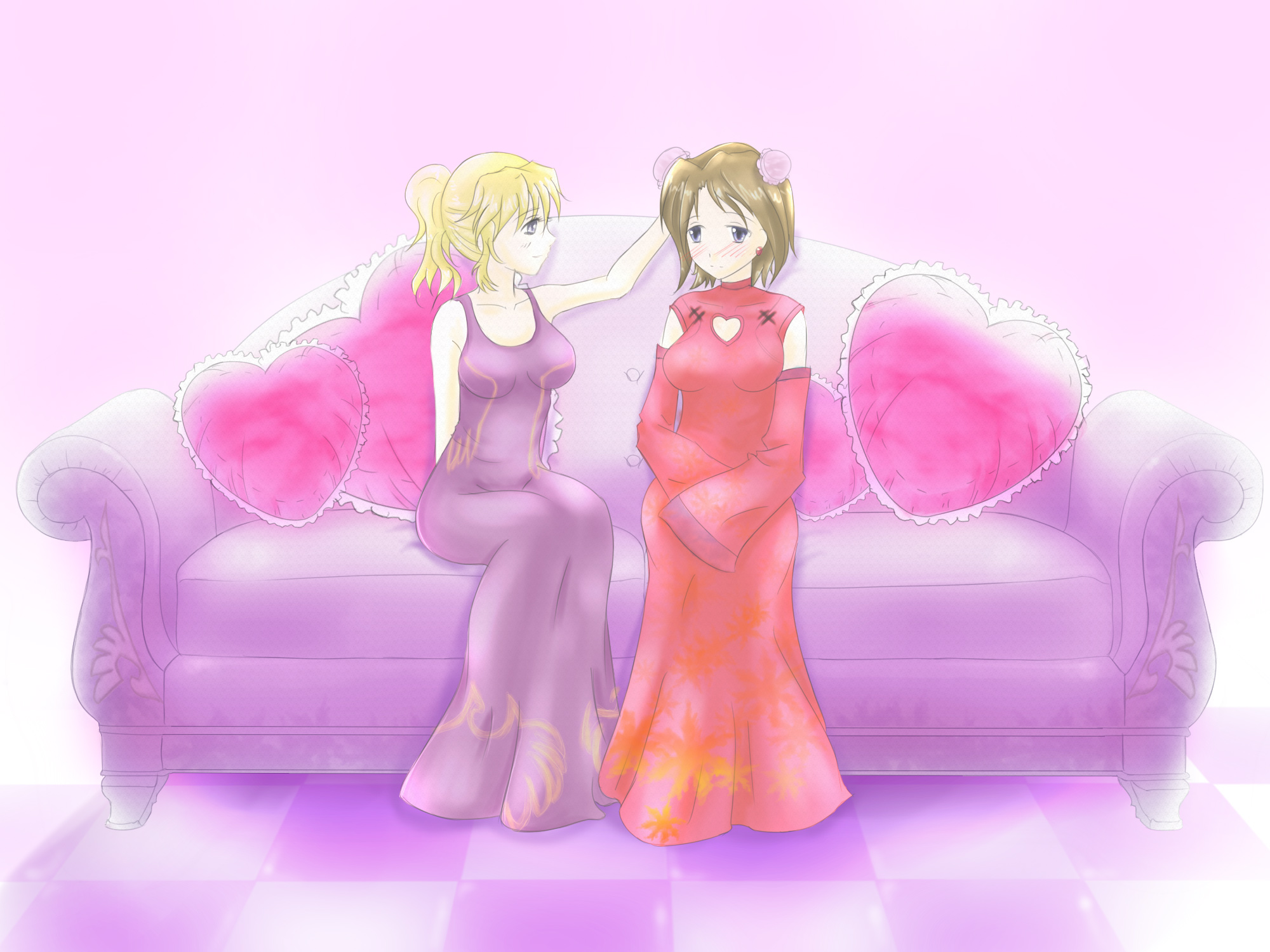 miang, shannon (umineko), ushiromiya jessica, umineko no naku koro ni, highres, 00s, 2girls, blonde hair, breasts, brown hair, china dress, chinese clothes, couch, dress, large breasts, multiple girls, yuri