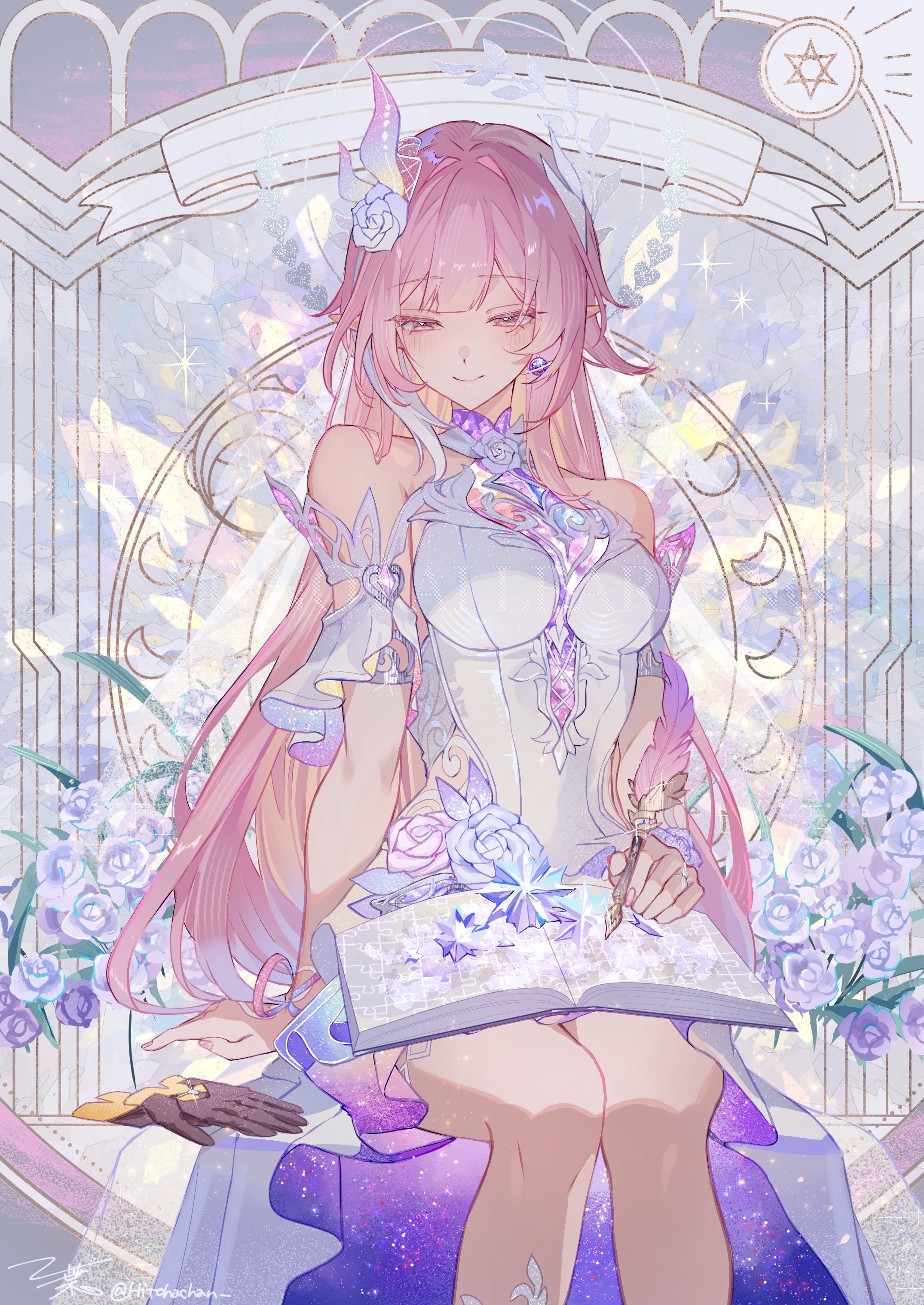 hitohachan, cyrene (honkai: star rail), cyrene (ripples of past reverie) (honkai: star rail), honkai: star rail, honkai (series), absurdres, commentary request, highres, 1girl, as i've written (honkai: star rail), bare shoulders, book, breasts, closed mouth, dress, feet out of frame, flower, hair flower, hair ornament, holding, holding quill, looking down, medium breasts, open book, pink eyes, pointy ears, purple flower, purple rose, quill, rose, sidelocks, sitting, smile, solo, watermark, white dress