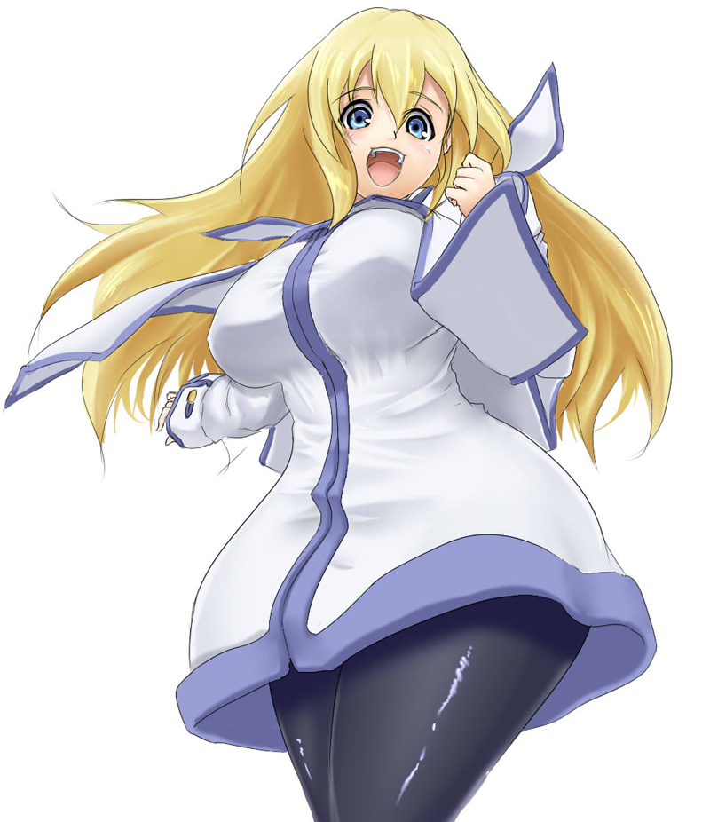 homura (haku89), colette brunel, tales of (series), tales of symphonia, 00s, blonde hair, blue eyes, blush, breasts, curvy, happy, large breasts, long hair, long sleeves, open mouth, pantyhose, simple background, solo, thighs