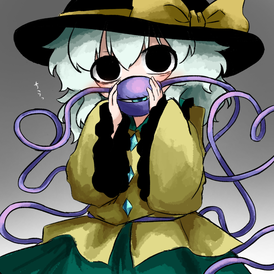 heripantomorrow, komeiji koishi, touhou, 1girl, black eyes, black hat, blush, bow, buttons, collared shirt, covering own mouth, cowboy shot, diamond button, eyeball, frilled shirt collar, frilled sleeves, frills, gradient background, green hair, green skirt, grey background, hat, hat bow, holding, holding eyeball, shirt, skirt, solo, third eye, yellow bow, yellow shirt