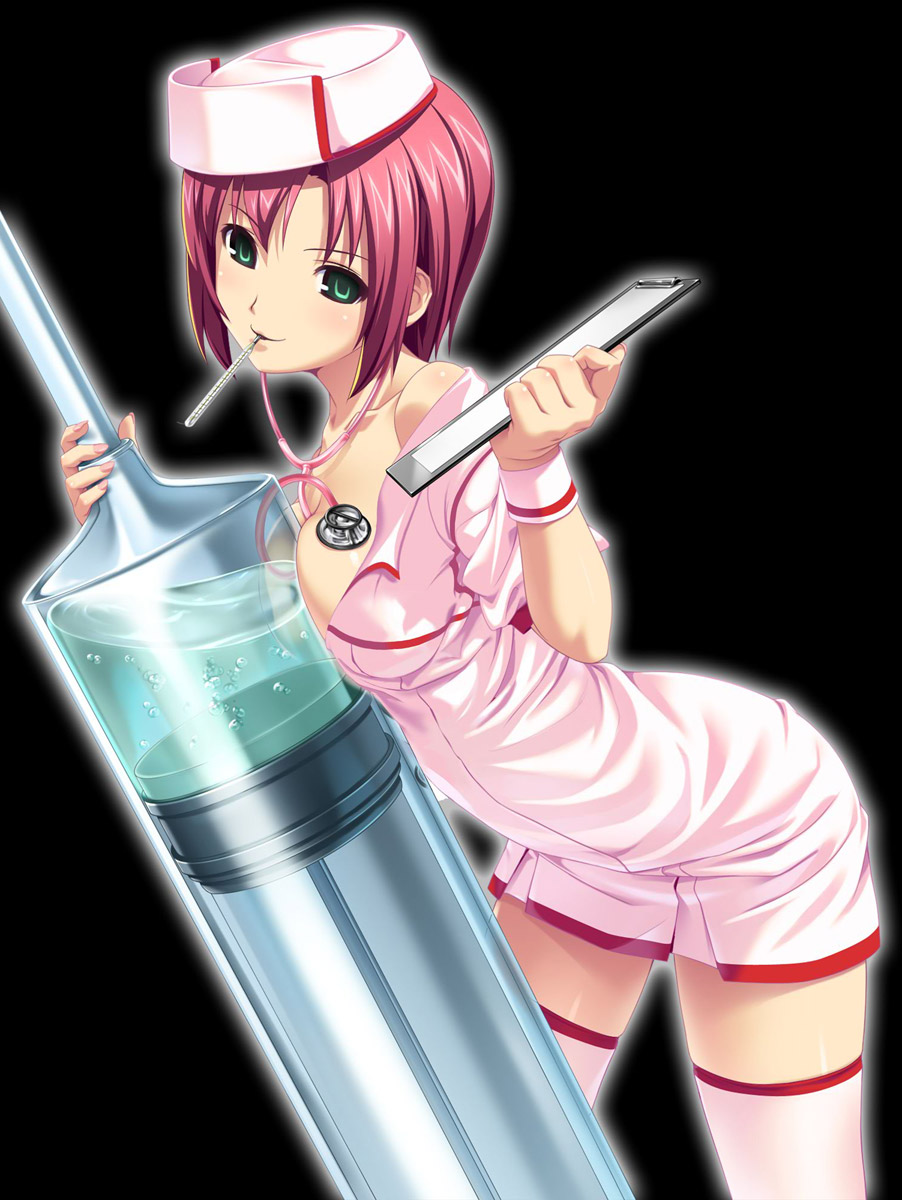 koutaro, rio rollins, super blackjack, highres, 1girl, black background, black thighhighs, clipboard, female focus, large syringe, mouth hold, nurse, oversized object, red hair, simple background, solo, stethoscope, syringe, thermometer, thighhighs