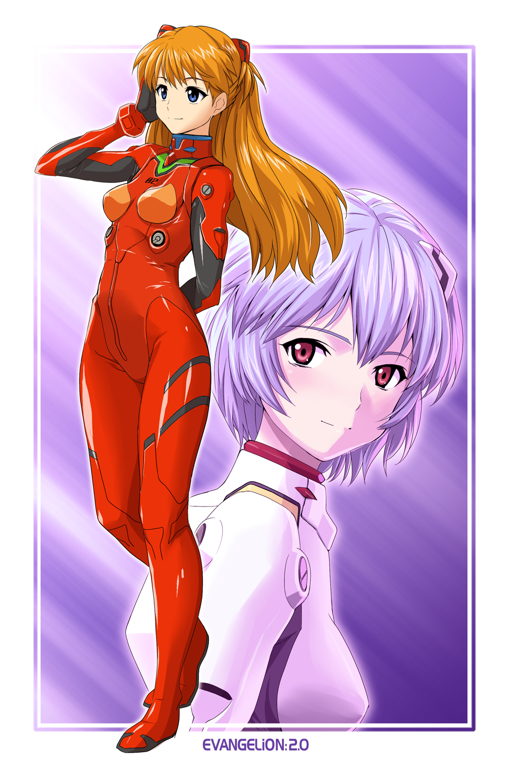 g-tetsu, ayanami rei, souryuu asuka langley, evangelion: 2.0 you can (not) advance, neon genesis evangelion, rebuild of evangelion, framed, highres, 00s, 2girls, adjusting hair, arm behind back, blue background, blue eyes, blue hair, blush, bodysuit, breasts, copyright name, curvy, from side, full body, hair ornament, light smile, long hair, looking at viewer, looking back, looking to the side, mecha pilot suit, multiple girls, orange hair, outline, outside border, pale skin, plugsuit (evangelion), purple background, red eyes, shiny clothes, short hair, simple background, small breasts, smile, standing, turtleneck, two side up, upper body, wide hips