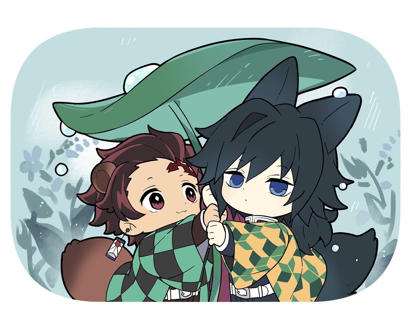 yanzhan, kamado tanjirou, tomioka giyuu, kimetsu no yaiba, commentary, symbol-only commentary, 2boys, animal ears, belt, black hair, black jacket, blue eyes, brown hair, chibi, chibi only, closed mouth, demon slayer uniform, earrings, hanafuda earrings, haori, high collar, jacket, japanese clothes, jewelry, kikkoumon, long hair, low ponytail, male focus, multiple boys, ponytail, print haori, red haori, short hair, smile, spiked hair, tail, white belt