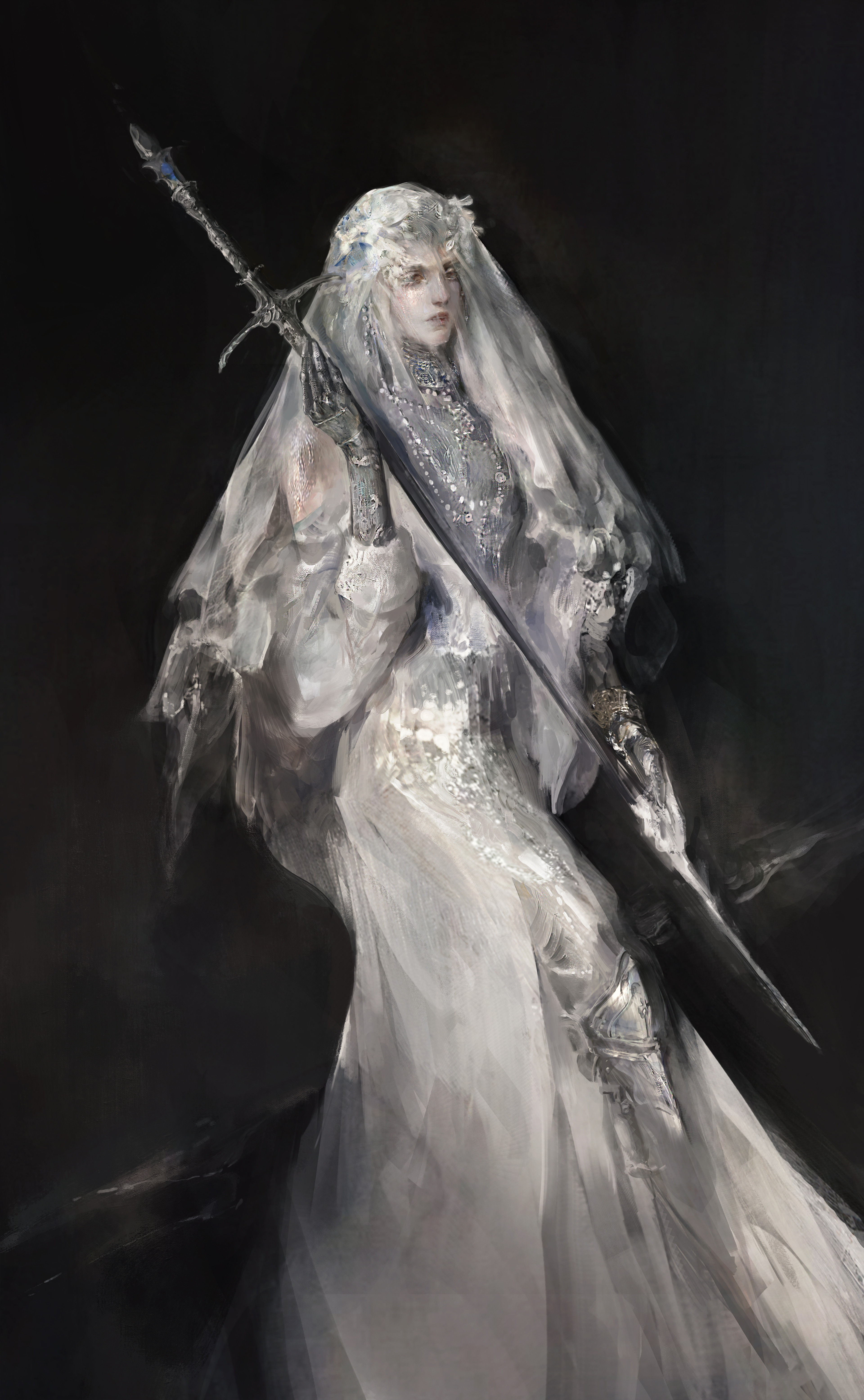 yi1zhi, original, absurdres, highres, 1girl, bridal veil, closed mouth, dark background, dress, full body, gauntlets, holding, holding sword, holding weapon, impressionism, jewelry, sabaton, sitting, solo, sword, veil, weapon, white dress