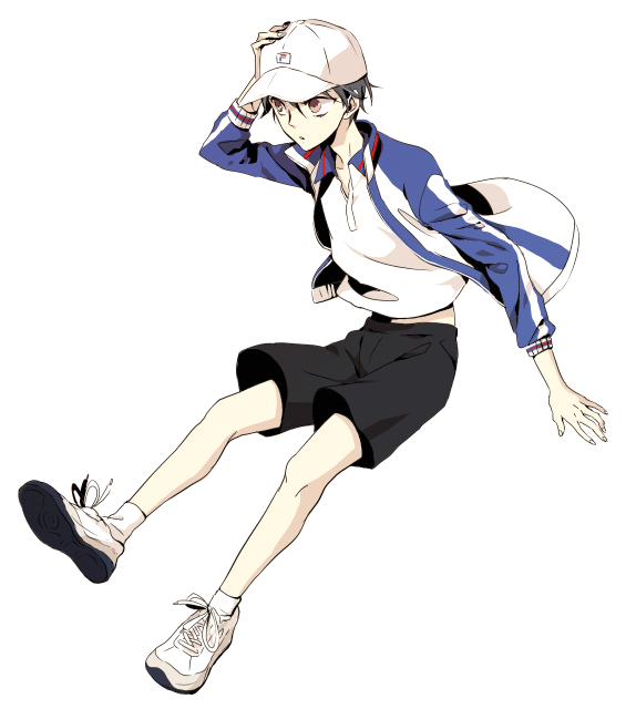 aihara takazumi, echizen ryooma, tennis no ouji-sama, 1boy, baseball cap, black hair, brown eyes, gym uniform, hat, jacket, male focus, shoes, short hair, shorts, sneakers, solo, track jacket