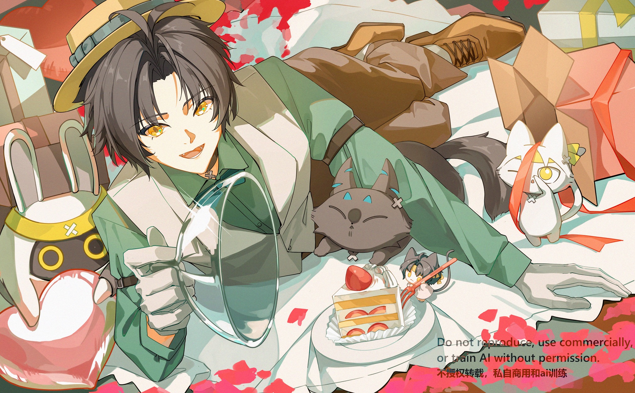 bingzhen h2o, asaba harumasa, asaboo (zenless zone zero), bangboo (zenless zone zero), zenless zone zero, commentary request, highres, 1boy, alternate costume, antenna hair, arm strap, black cat, black choker, box, brown pants, brown shoes, cake, cake slice, cat, chibi, choker, cross-laced shoes, fang, food, fork, fruit, full body, gift, gift box, gloves, green shirt, hat, hat ribbon, looking at viewer, lying, male focus, on side, open mouth, pants, parted bangs, plate, red ribbon, ribbon, serving dome, shirt, shoes, solo focus, sparkle, strawberry, vest, white cat, white gloves, white vest, yellow eyes, yellow hat