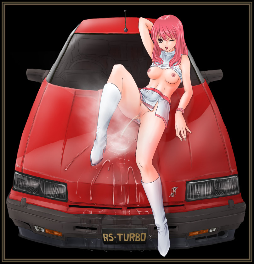 nissan, 1girl, boots, breasts, car, female focus, motor vehicle, nipples, nissan skyline, no panties, peeing, pink hair, pussy, solo, uncensored