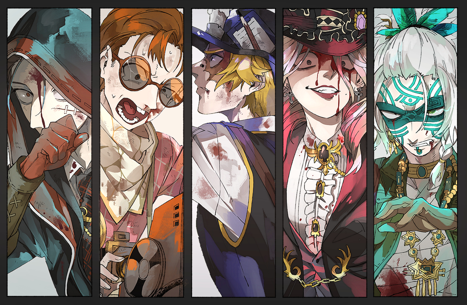 demi bourbon, demi bourbon (true proof), luca balsa, luca balsa (viper), naib subedar, norton campbell, norton campbell (magic item keeper), identity v, 1girl, 4boys, alternate color, bandaged torso, bandana, black jacket, black necktie, black vest, blonde hair, blood, blood from forehead, blood from mouth, blood on clothes, brown gloves, brown hair, buck teeth, clenched teeth, covered mouth, evil grin, evil smile, facial mark, facial scar, fang, freddy riley, furrowed brow, gloves, green jacket, grin, hair between eyes, hair intakes, hair pulled back, half-closed eye, hat, hood, hood up, injury, jacket, jewelry, lapel chain, mole, mole on cheek, multiple boys, neck ring, necktie, nosebleed, official alternate costume, profile, red gloves, scar, scar across eye, scar on cheek, scar on face, shaded face, shirt, smile, smirk, stitches, sweat, tearing up, teeth, top hat, uneven eyes, vest, wavy hair, white hair, white shirt, wide-eyed, wiping blood, yokoi36