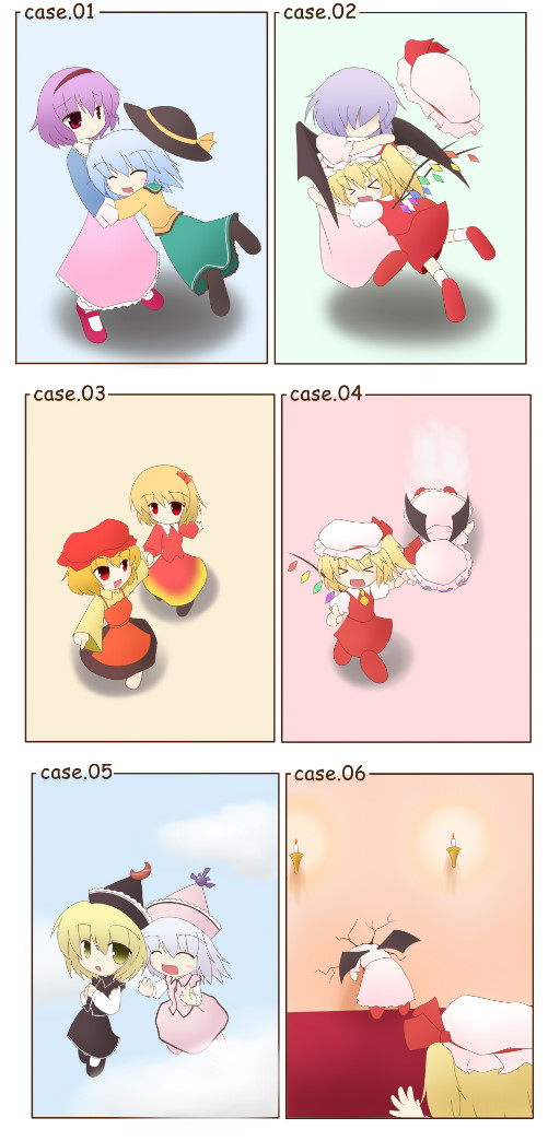 miyo (miyomiyo01), miyo (pixiv205745), aki minoriko, aki shizuha, flandre scarlet, komeiji koishi, komeiji satori, lunasa prismriver, merlin prismriver, remilia scarlet, touhou, > <, > <, 6+girls, :d, blonde hair, closed eyes, female focus, hug, multiple girls, open mouth, pushing, siblings, sisters, smile, trait connection, xd