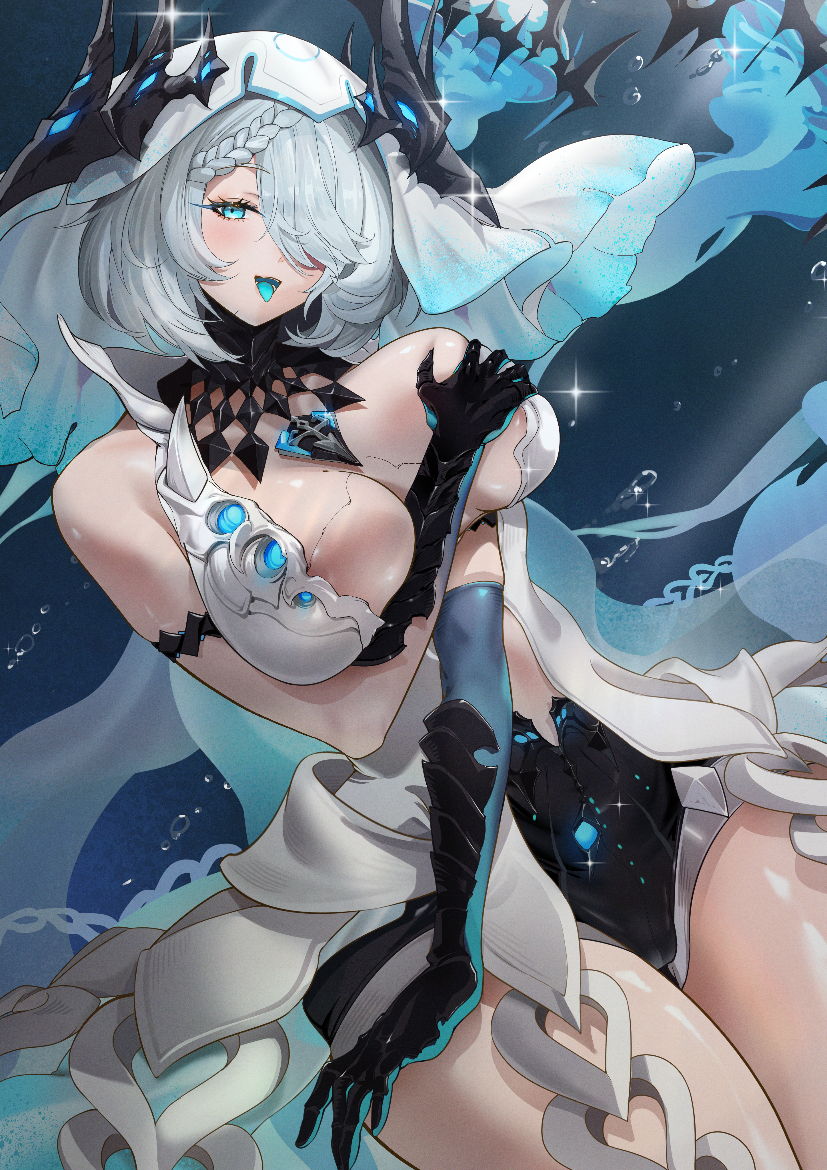 haowei wu, rebecca (duet night abyss), duet night abyss, absurdres, commentary request, highres, 1girl, air bubble, blue background, blue eyes, blush, braid, breasts, bubble, caustics, center opening, cleavage, colored extremities, colored tongue, dress, glint, grabbing own breast, gradient veil, grey hair, hair between eyes, hair ornament, hair over one eye, large breasts, light rays, looking at viewer, ocean, open mouth, short hair, sleeveless, sleeveless dress, solo, sparkle, teeth, thighs, tongue, tongue out, underwater, veil, water, white dress, white veil