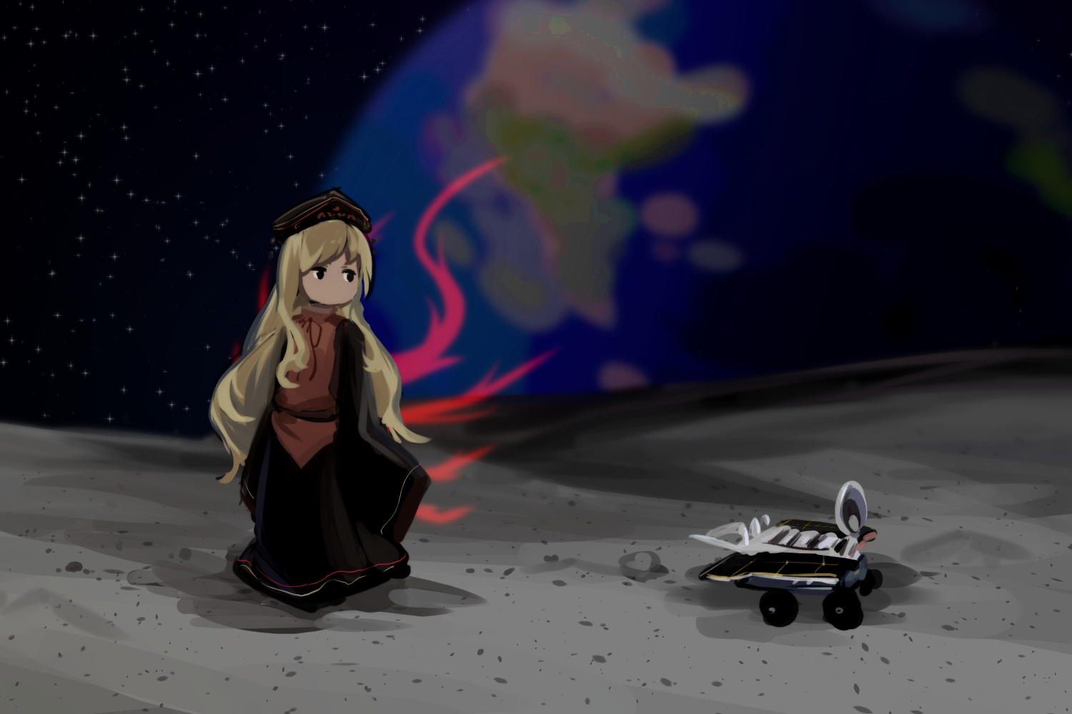 furahata gen, chang'e, junko (touhou), touhou, 1girl, black dress, black eyes, blonde hair, chinese clothes, dalachi (headdress), dress, dress ribbon, earth (planet), fox tail, long dress, long hair, long sleeves, looking at object, moon, multiple tails, no mouth, orange dress, planet, planetary rover, rock, sleeves past fingers, sleeves past wrists, solo, space, star (sky), tail, very long hair
