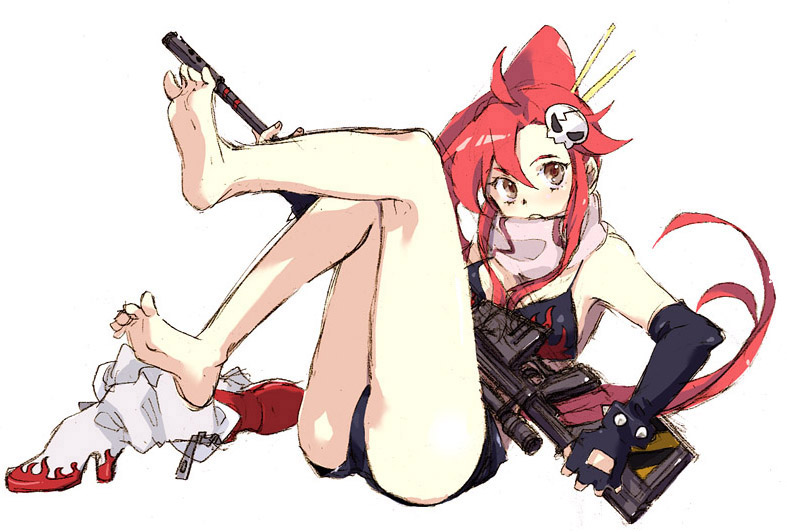aihara takazumi, yoko littner, tengen toppa gurren lagann, unfinished, 00s, 1girl, anti-materiel rifle, barefoot, bikini, bikini top only, boots, feet, female focus, fingerless gloves, gloves, gun, hair ornament, legs, ponytail, red hair, rifle, scarf, short shorts, shorts, skull, sniper rifle, soles, solo, swimsuit, weapon