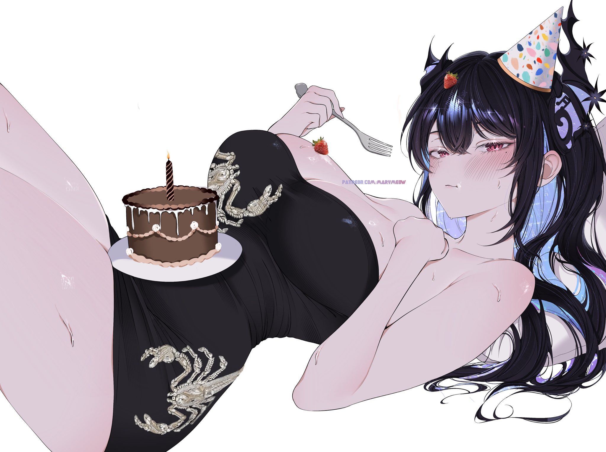 nyanyaqwi, nerissa ravencroft, hololive, hololive english, highres, 1girl, asymmetrical horns, birthday cake, black dress, black hair, blue hair, blush, cake, colored inner hair, demon horns, dress, eating, food, fork, fruit, hair between eyes, hat, holding, holding fork, horns, long hair, looking at viewer, lying, multicolored hair, on back, party hat, scorpion print, simple background, sleeveless, sleeveless dress, solo, strawberry, uneven horns, virtual youtuber, white background
