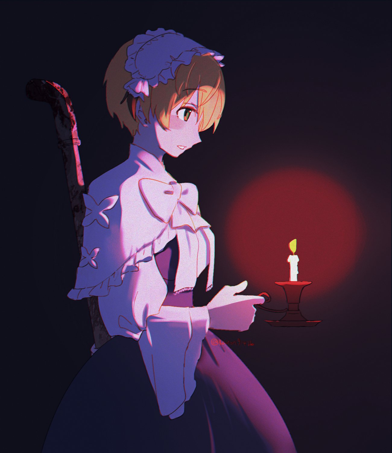 feng cheng (kanon91426), gareth (celebratory attire) (fate), gareth (fate), fate/grand order, fate (series), highres, artist name, black dress, black hair, blonde hair, candle, capelet, cowboy shot, dress, frilled hairband, frills, from side, green eyes, hair flaps, hairband, holding, holding candle, holding lead pipe, lead pipe, long sleeves, looking to the side, multicolored hair, parted lips, two-tone hair, white capelet, white hairband