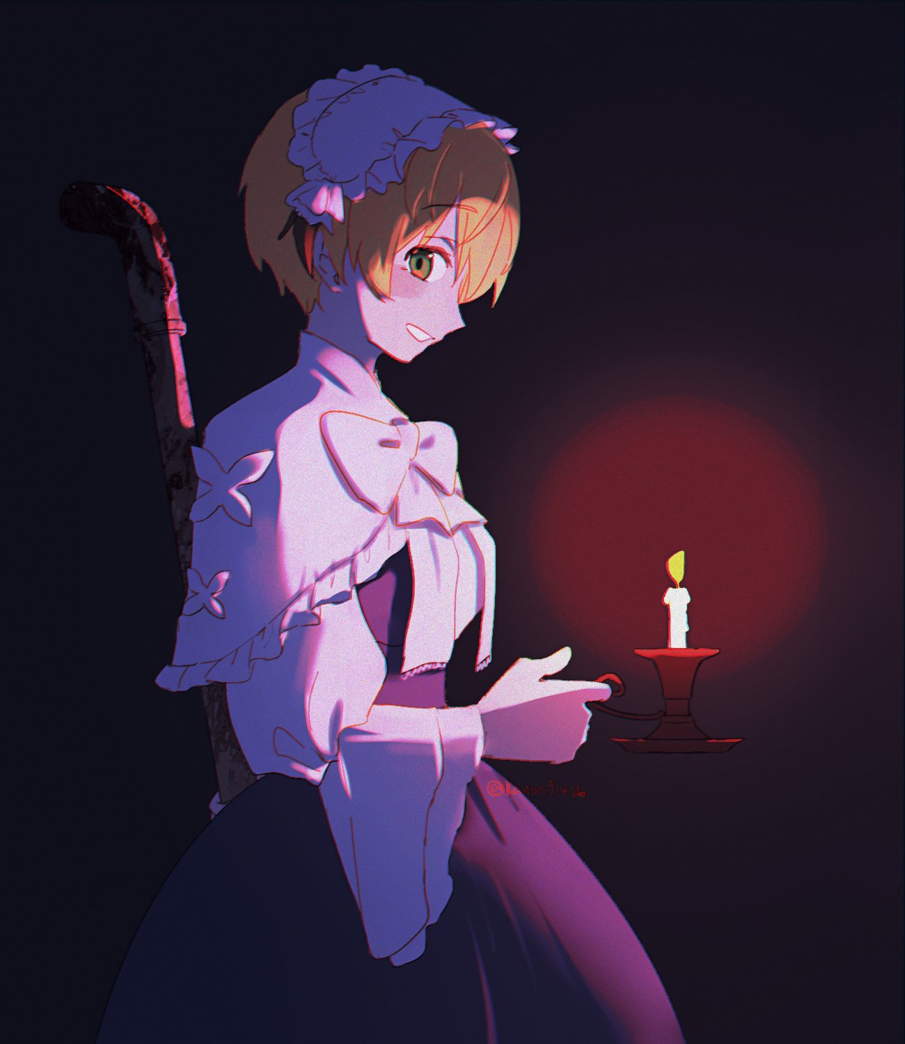 feng cheng (kanon91426), gareth (celebratory attire) (fate), gareth (fate), fate/grand order, fate (series), commentary, highres, symbol-only commentary, artist name, black dress, black hair, blonde hair, candle, capelet, cowboy shot, dress, frilled hairband, frills, from side, green eyes, hair flaps, hairband, holding, holding candle, holding lead pipe, lead pipe, long sleeves, looking at viewer, multicolored hair, smile, two-tone hair, white capelet, white hairband