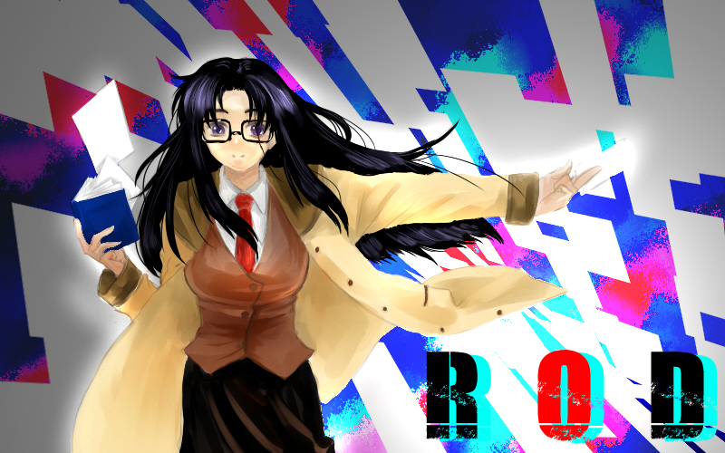 ririclub, yomiko readman, read or die, 00s, 1girl, black hair, book, coat, female focus, flying paper, glasses, grey eyes, long hair, necktie, paper, red necktie, solo