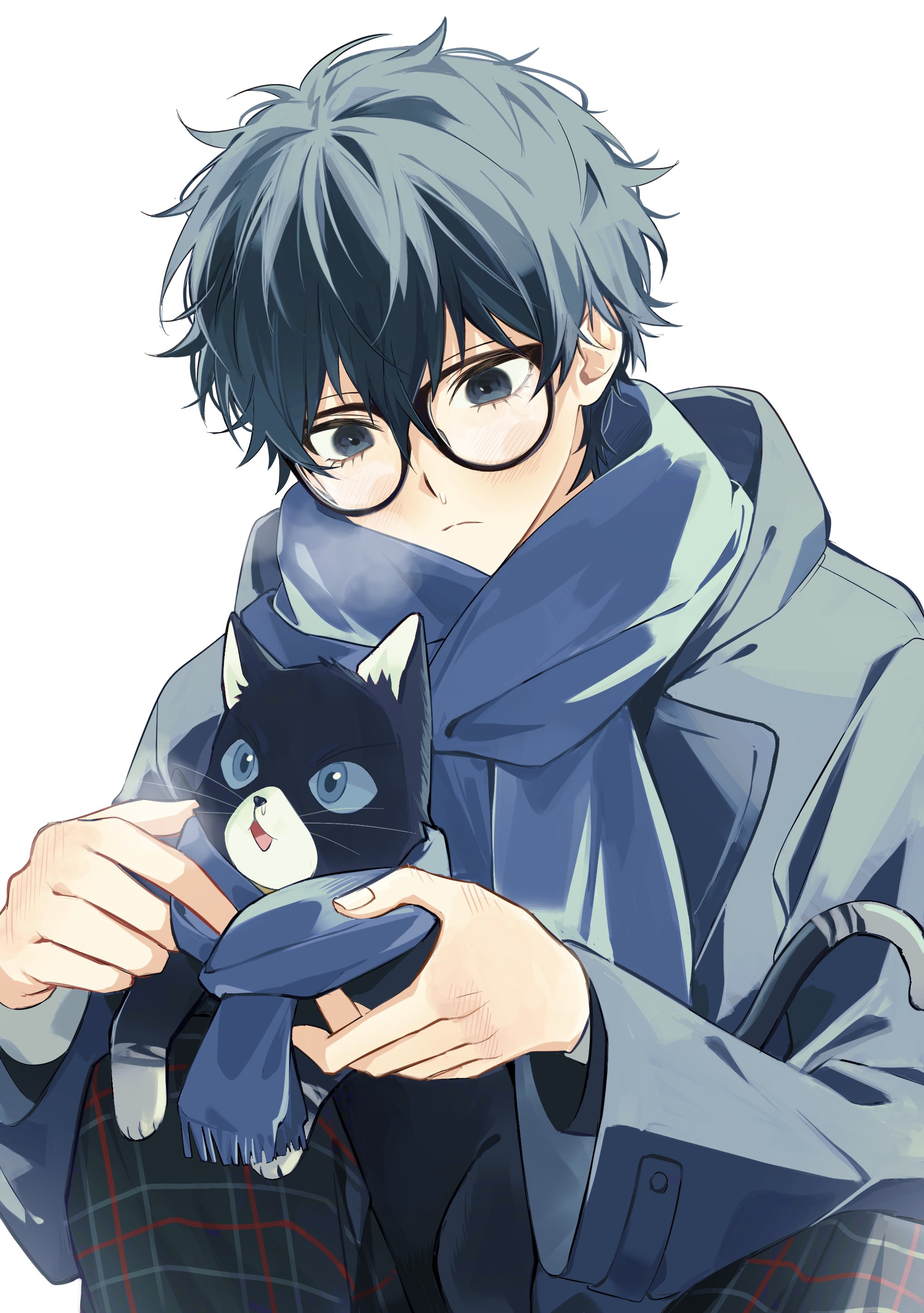 mnce o, tuxedo cat, amamiya ren, morgana (cat) (persona 5), morgana (persona 5), persona, persona 5, absurdres, highres, 1boy, black eyes, black hair, blue eyes, closed mouth, coat, curly hair, fingernails, glasses, hair between eyes, looking down, male focus, scarf, short hair, simple background, solo, upper body, white background, winter clothes