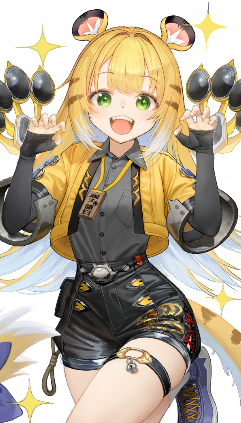 nyatabe, ju fufu, zenless zone zero, commentary request, 1girl, :d, animal ear fluff, animal ears, black shorts, blonde hair, blue shoes, bow, claw pose, colored inner hair, fake claws, green eyes, grey shirt, hands up, high-waist shorts, jacket, long hair, looking at viewer, medallion, multicolored hair, open mouth, orange fur, shirt, shirt tucked in, shoes, shorts, simple background, smile, socks, solo, sparkle, sparkling eyes, standing, standing on one leg, striped fur, striped hair, tail, tail bow, tail ornament, thigh strap, tiger ears, tiger girl, tiger stripes, tiger tail, weapon, white background, white socks, yellow jacket