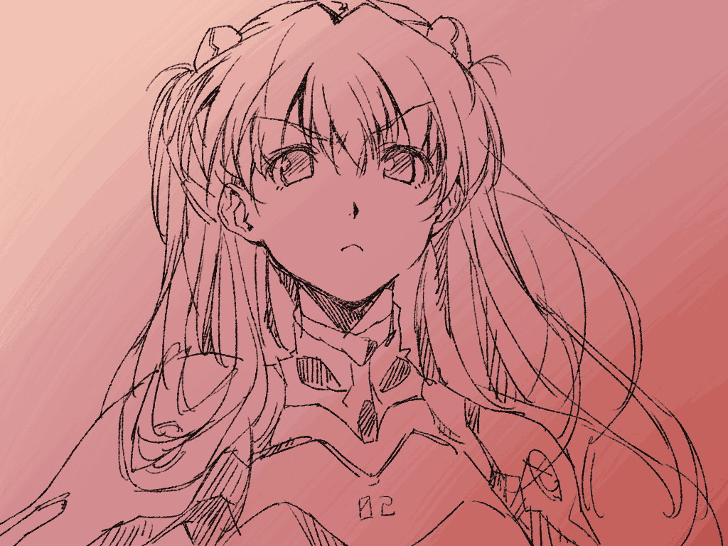 kink (tortoiseshell), souryuu asuka langley, neon genesis evangelion, 1girl, :<, dithering, female focus, frown, hair ornament, hairclip, long hair, mecha pilot suit, monochrome, pink background, pink theme, plugsuit (evangelion), sepia, sketch, solo